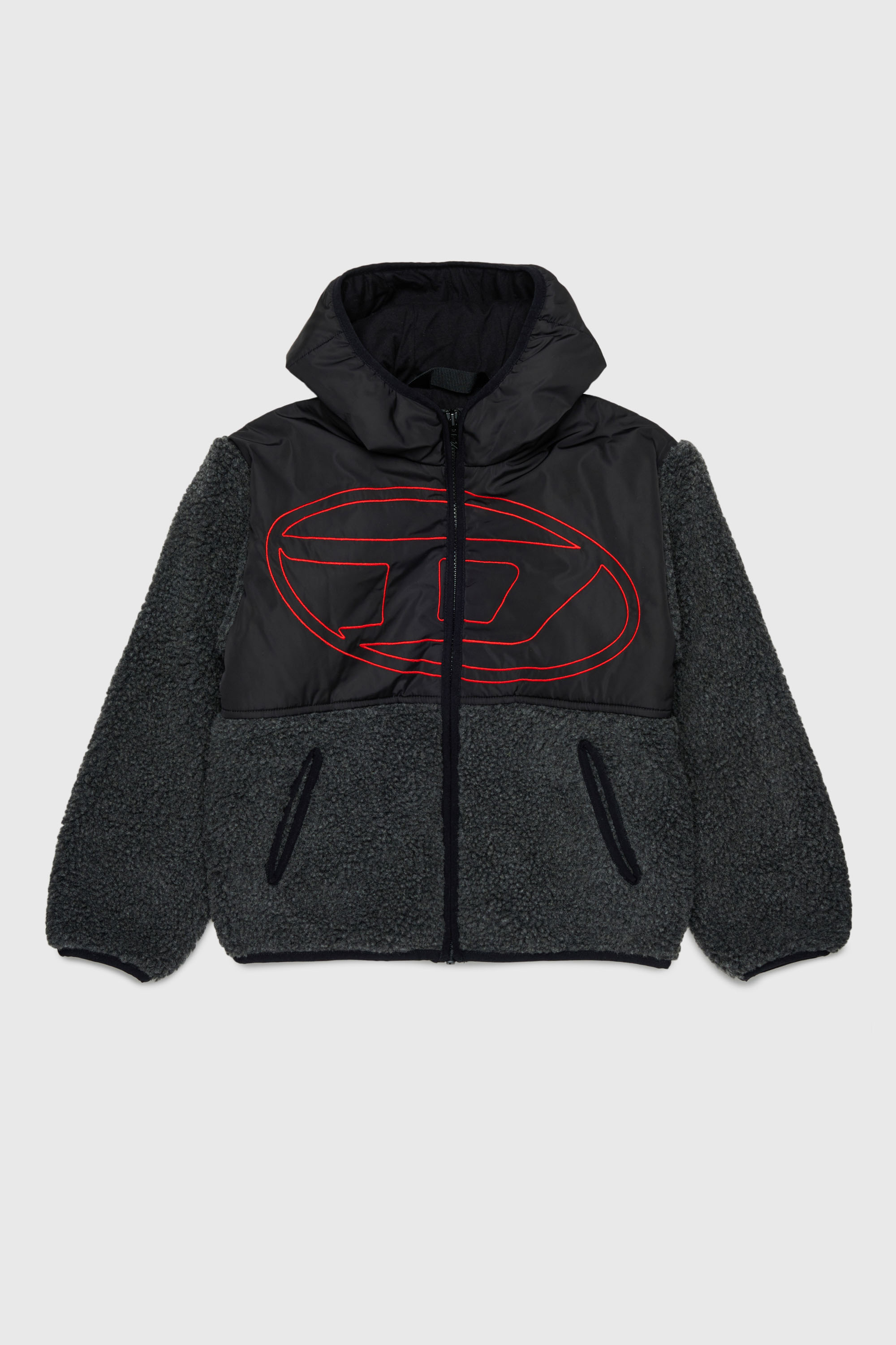 Hooded jacket in nylon and teddy fleece