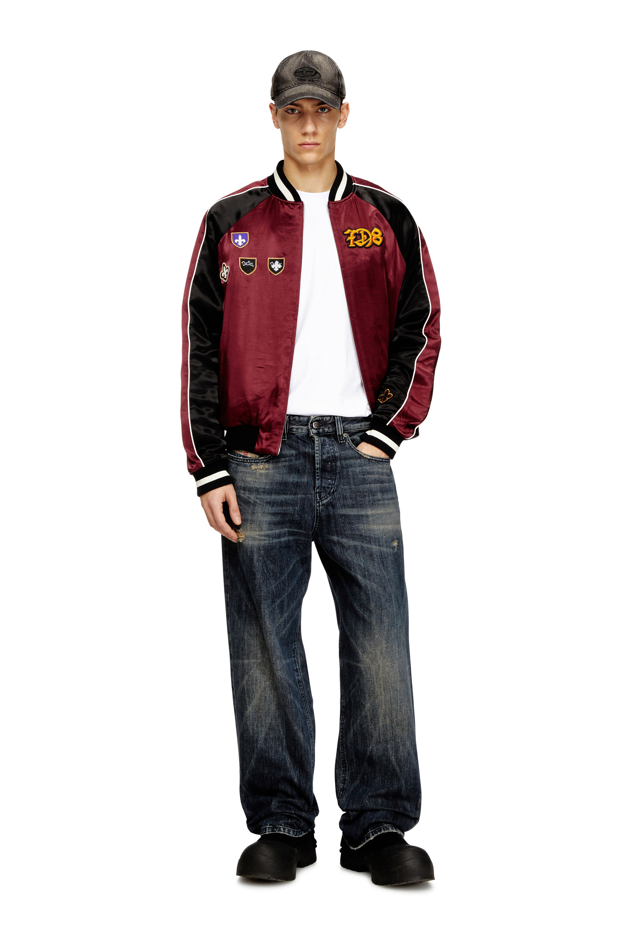 Diesel - J-FOULKES-CP, Man's Cropped satin souvenir jacket in Black/Red - 2