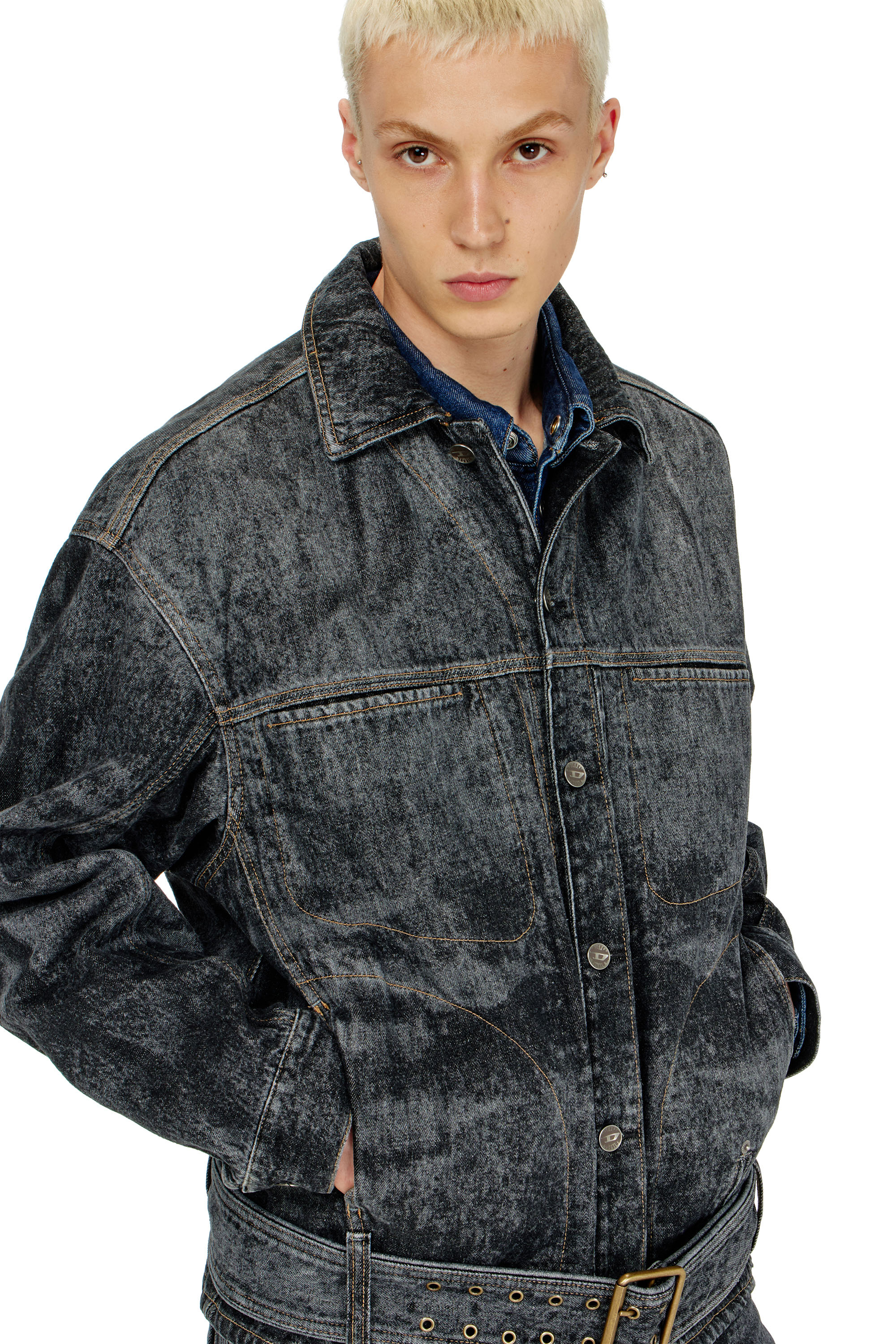 Diesel - D-VALERO-S, Man's Biker-inspired denim jacket in Black/Dark grey - 5