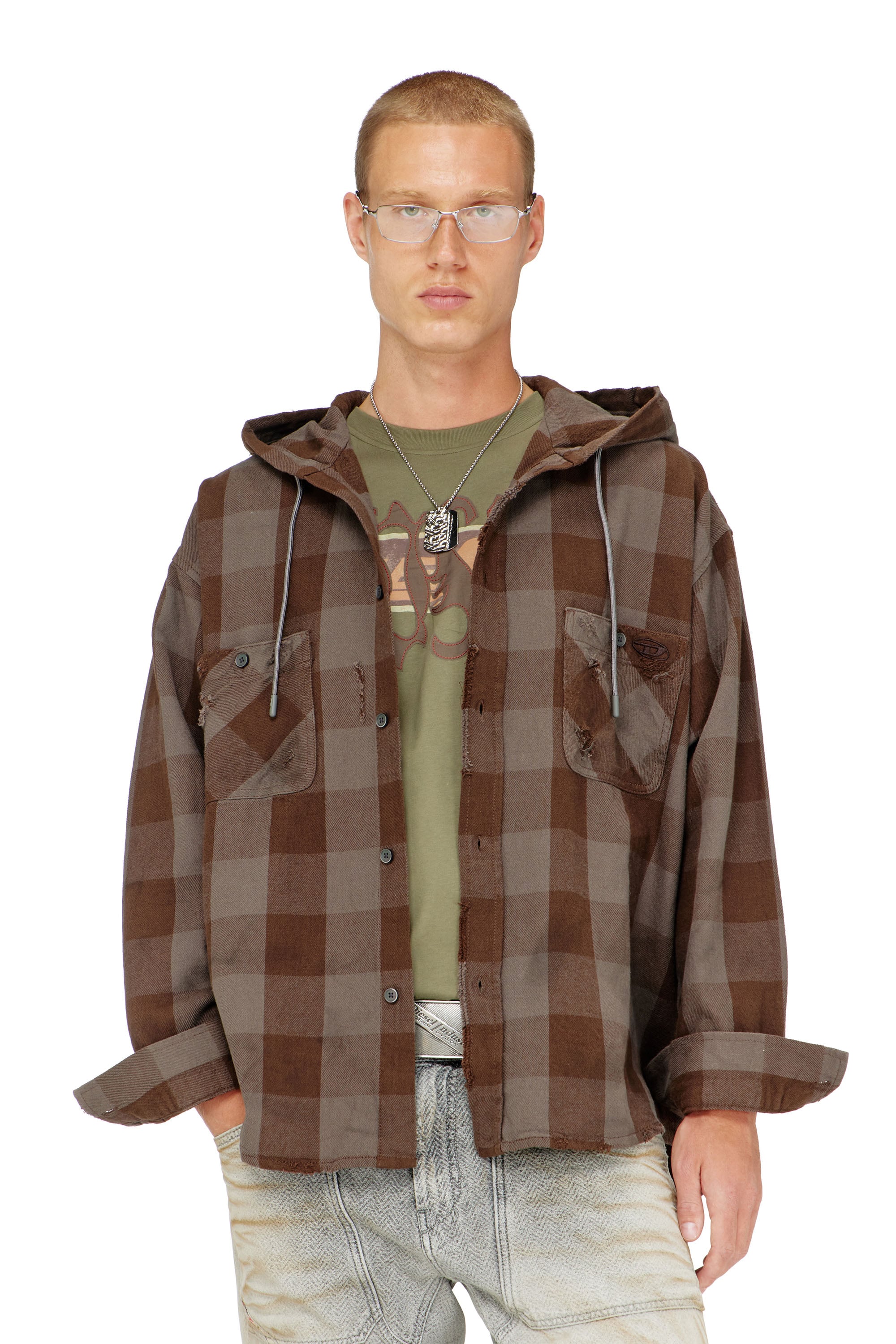 Diesel - S-DRUM-HOODY, Man's Distressed hooded shirt in check flannel in Brown/Grey - 1
