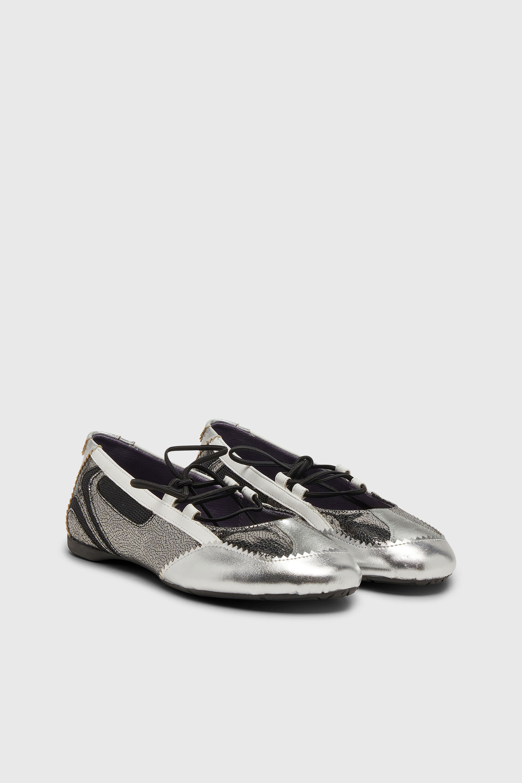 Diesel - D-MILE BALLERINA LACE UP W, Woman's D-Mile-Metallic lace-up ballet flats in Silver/Black - 2