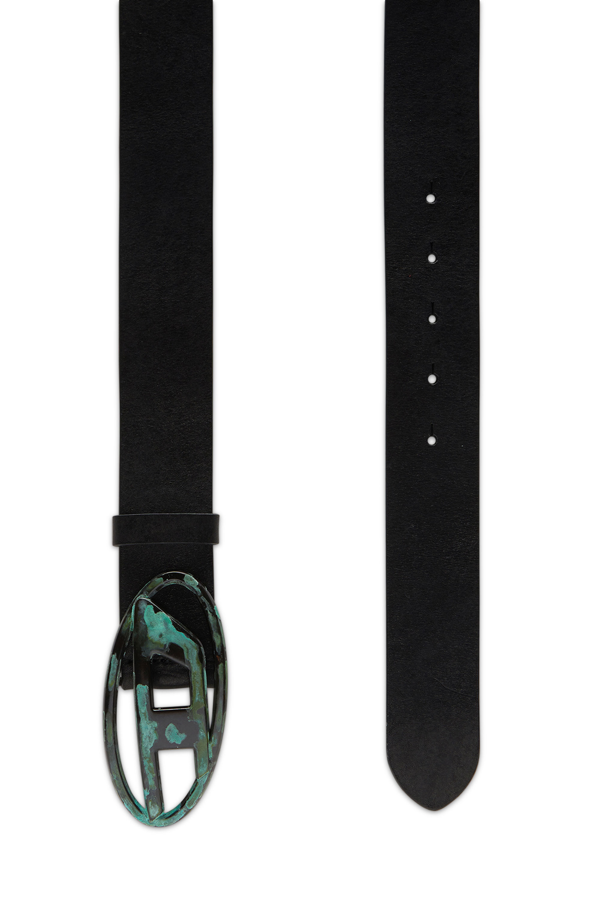 Diesel - B-1DR, Unisex's Leather belt with oxidised logo buckle in Black/Green - 2