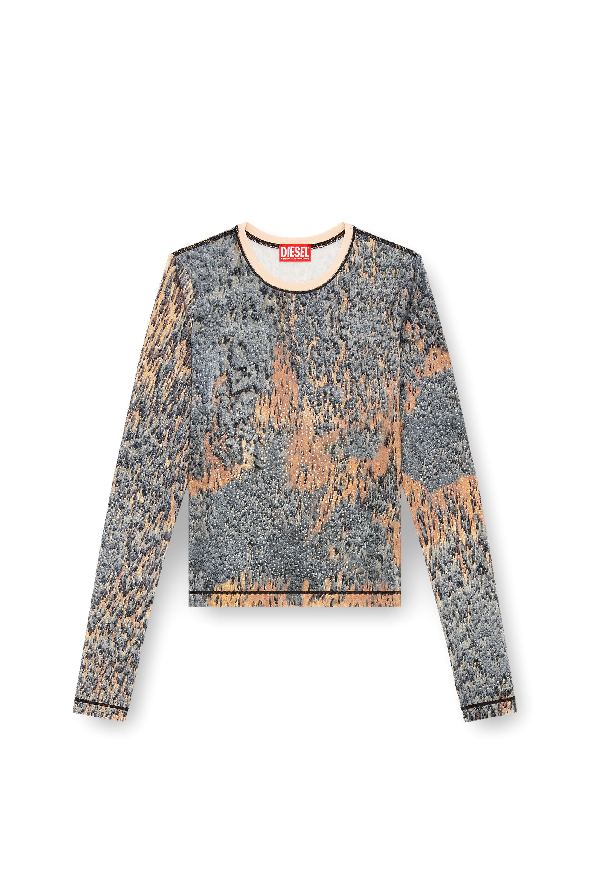 Diesel - T-CUTIE-LS, Woman's Top with crystals and Rain Camo print in Beige/Grey - 3