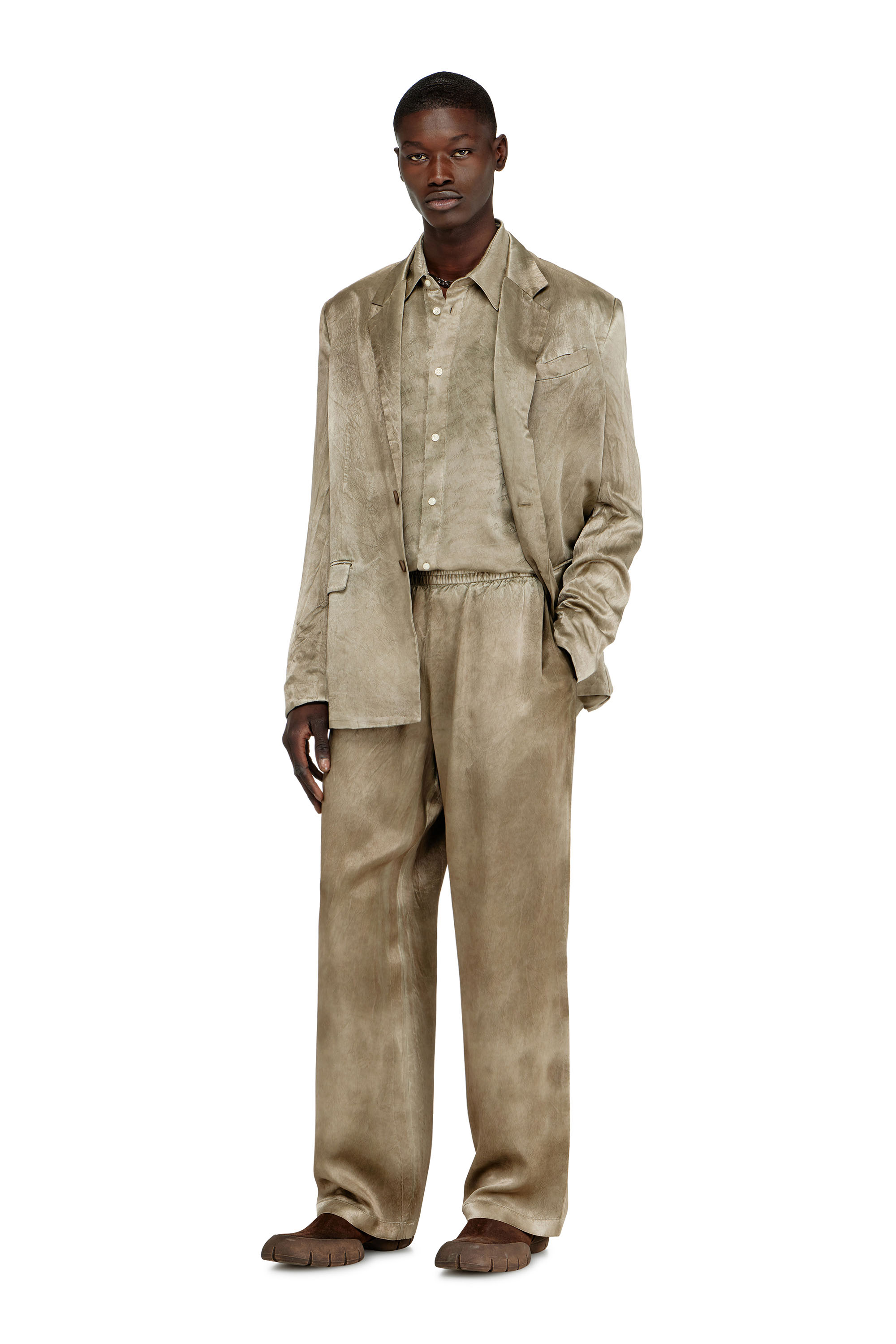 Diesel - S-KISSY-HNBW, Man's Shirt in logo-jacquard crinkled satin in Light Brown - 2