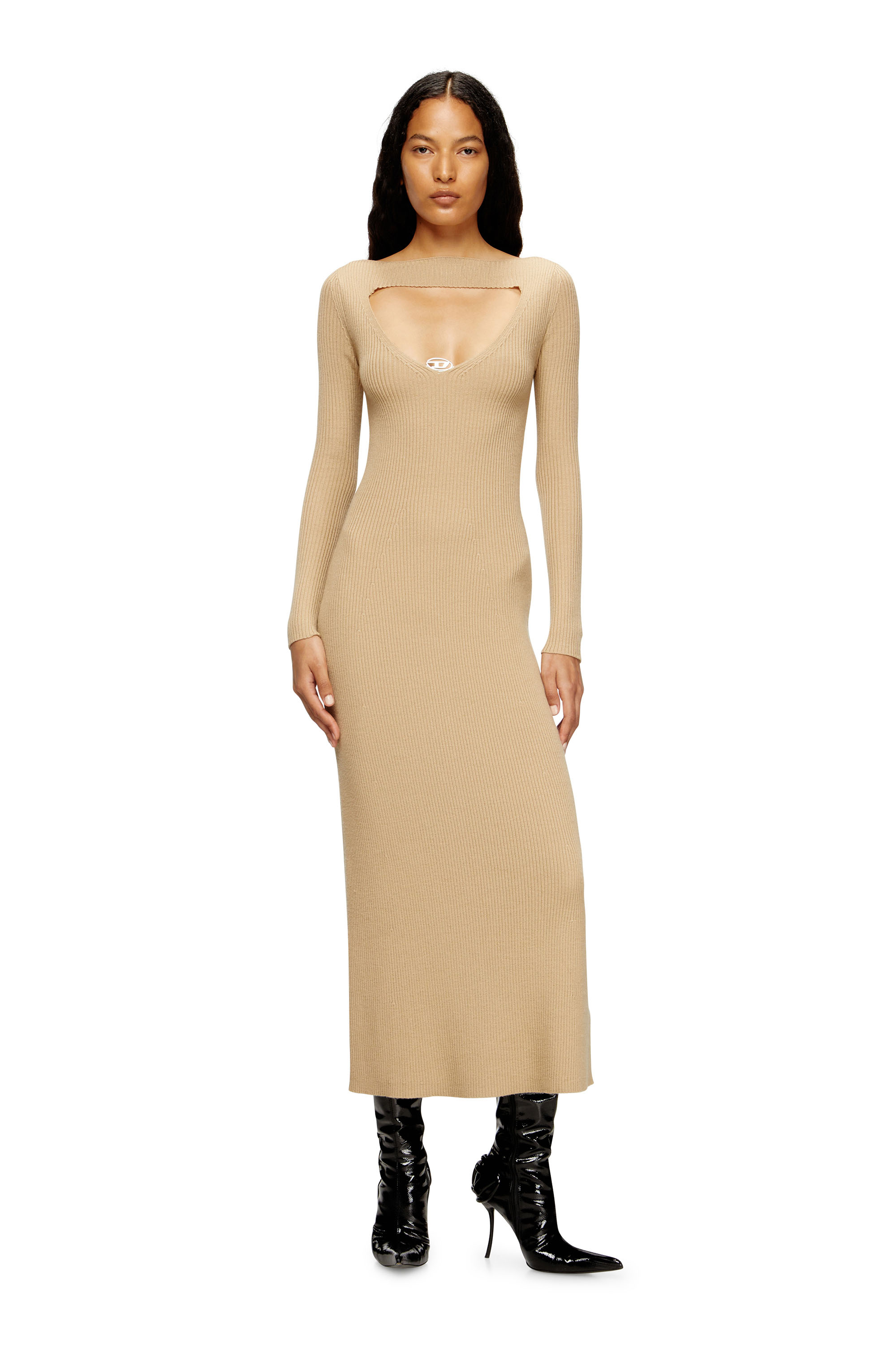 Diesel - M-OLONI, Woman's Midi wool dress with inlay in Light Brown - 2