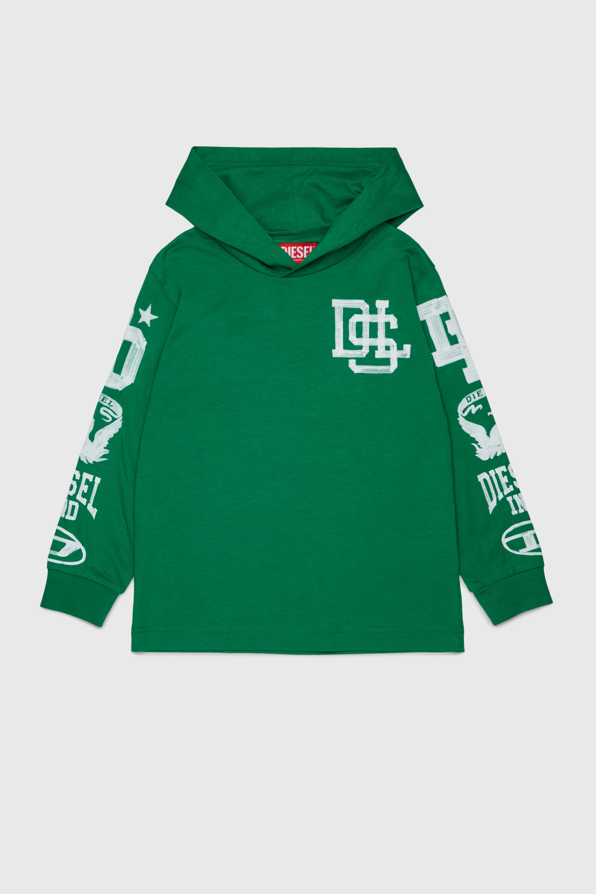 Hooded long-sleeve T-shirt with varsity graphics