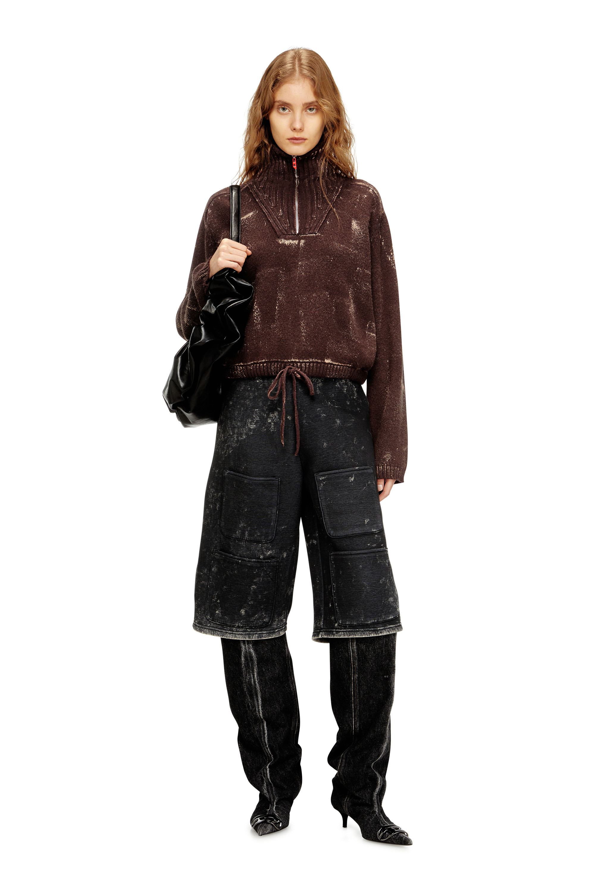 Diesel - M-MARCELLETTE, Woman's Half-zip jumper with distressed effect in Brown - 1