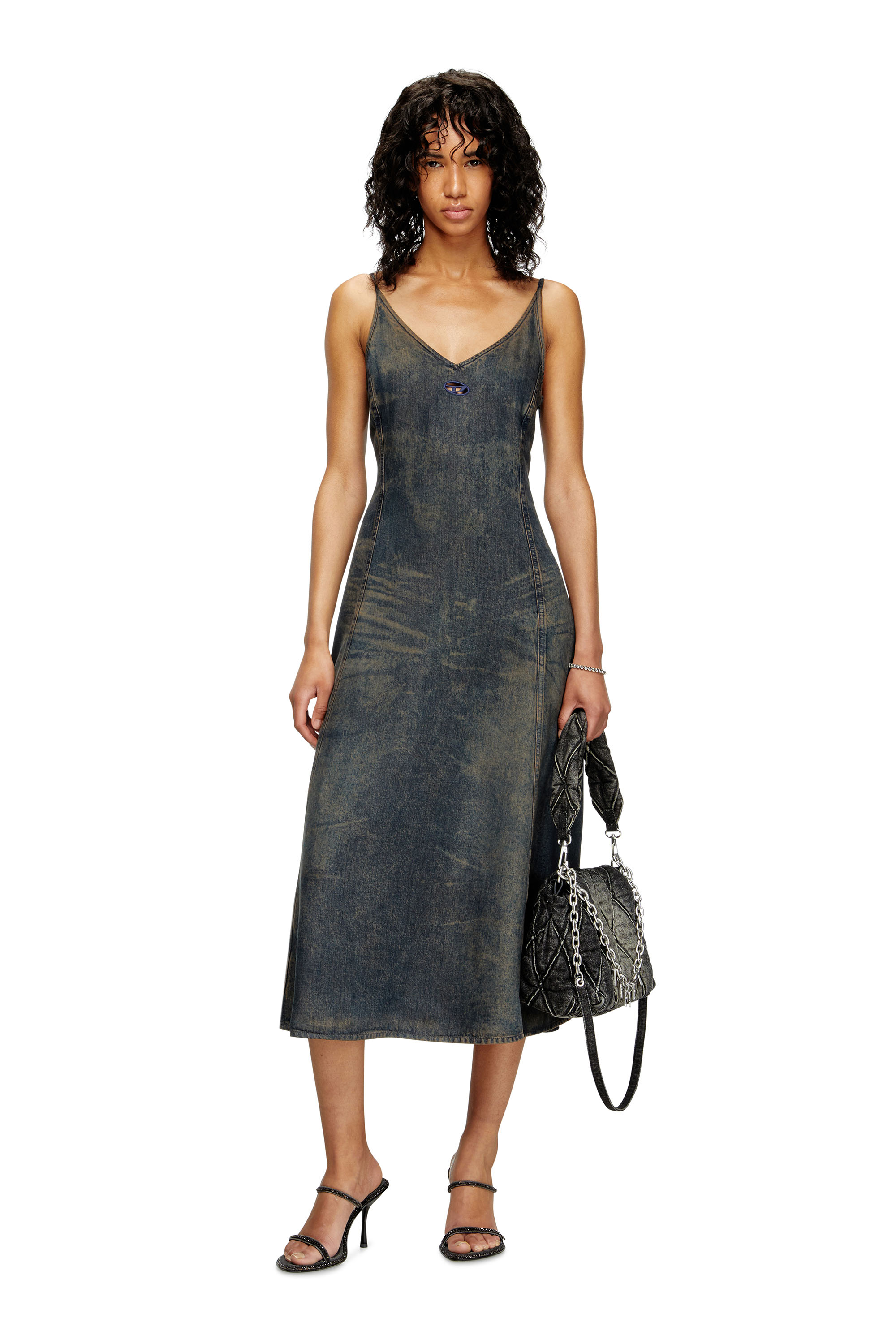 Diesel - DE-BELD-S, Woman's Midi dress in fluid dirt-effect denim in Dark Blue - 1