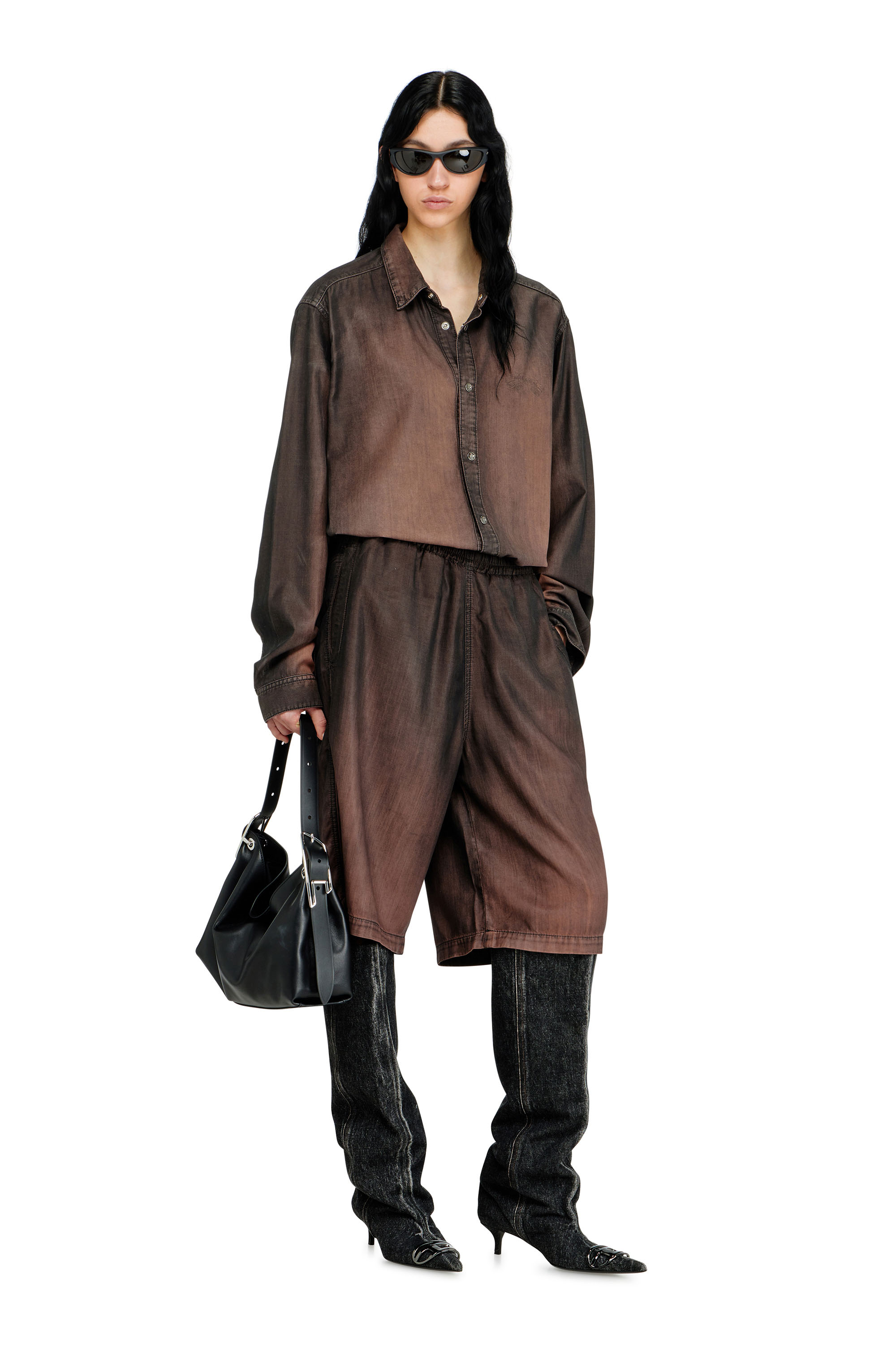 Diesel - D-RODER-SHORT-S, Unisex's Relaxed bermuda shorts in fluid coated denim in Dark Brown - 1