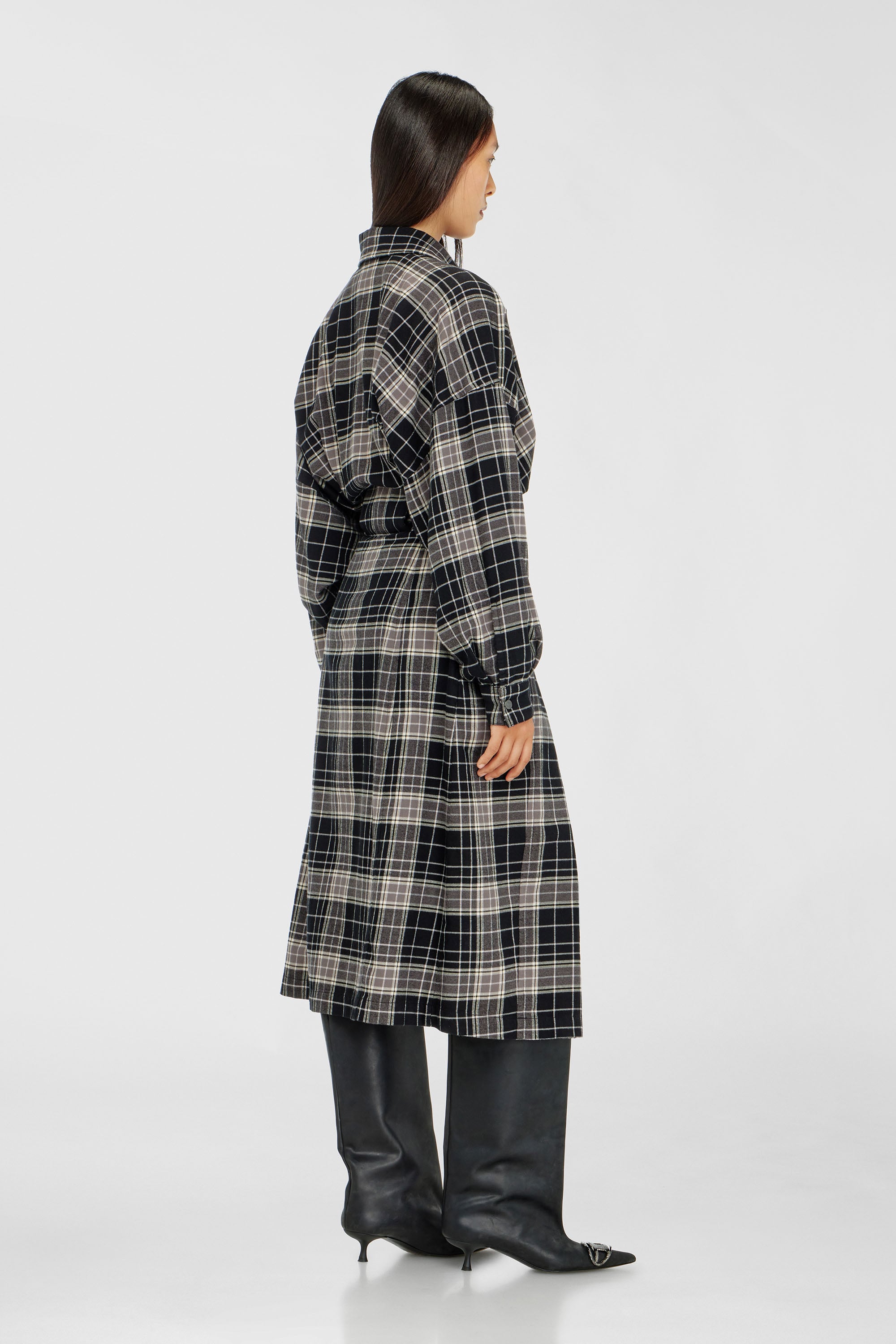 Diesel - D-EDALUS, Woman's Midi dress in check flannel with wide belt in Grey/Black - 4