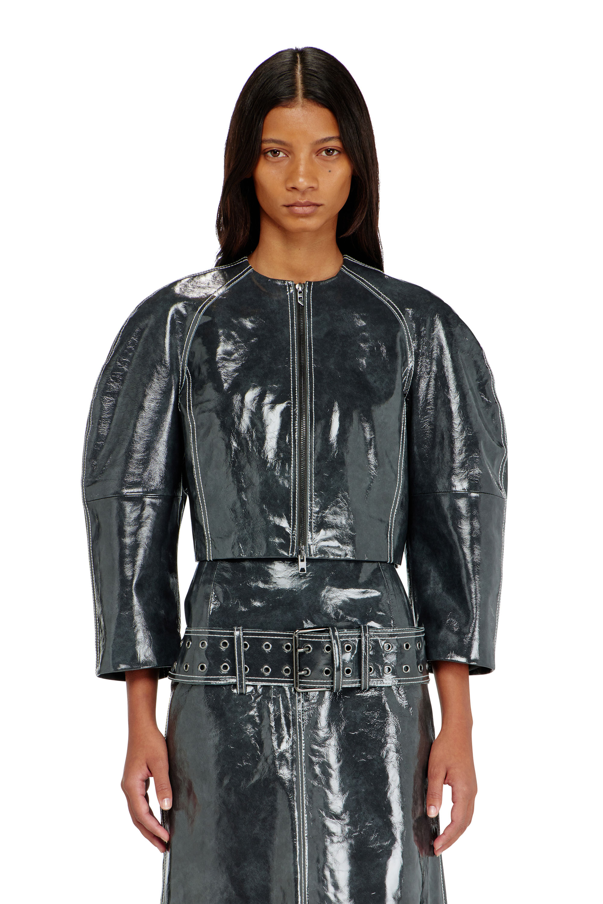 Diesel - L-ANDON, Woman's Patent-leather jacket with cocoon sleeves in Dark grey - 3