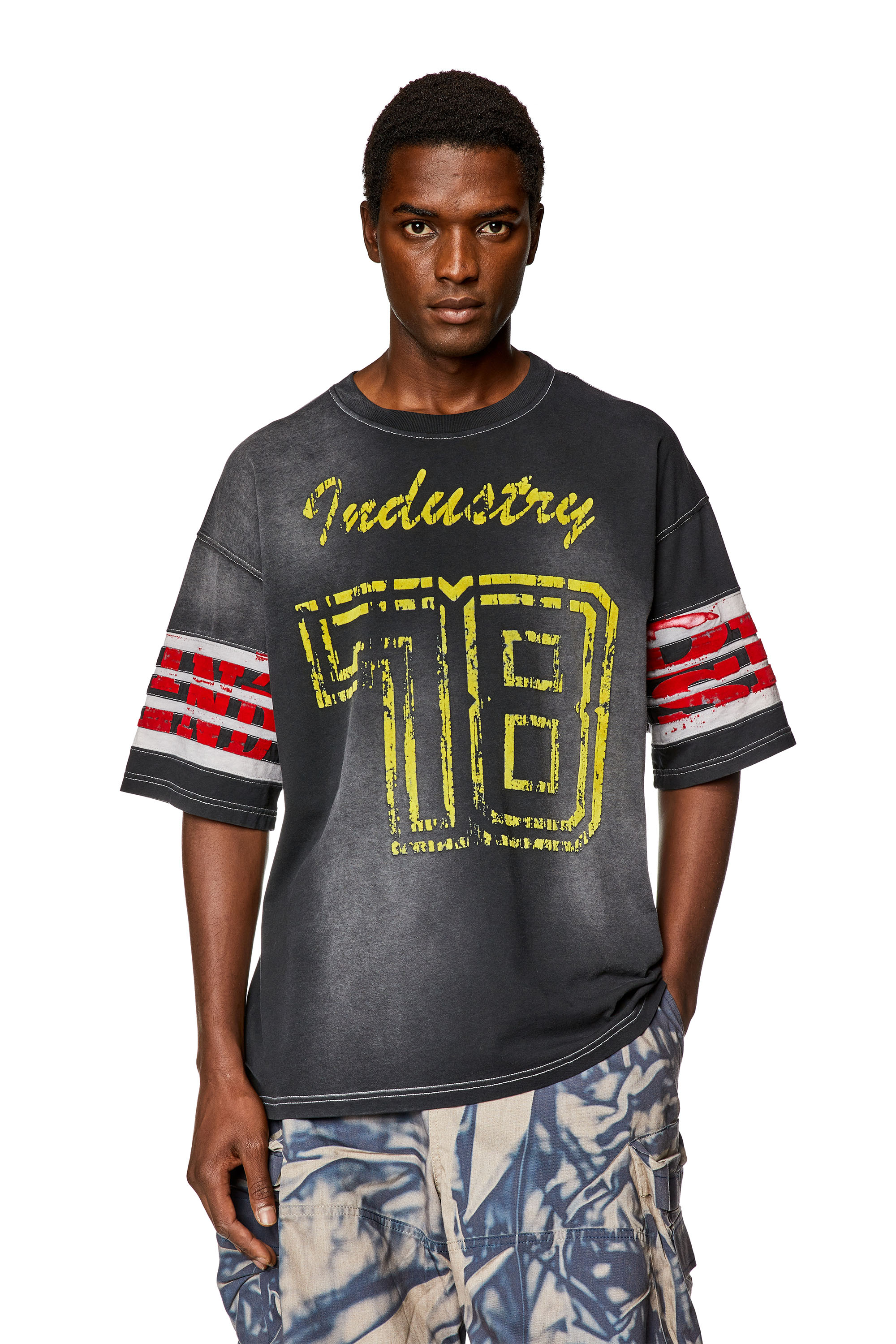 Diesel - T-BOST, Man's Faded jersey T-shirt with flock prints in Black - 3