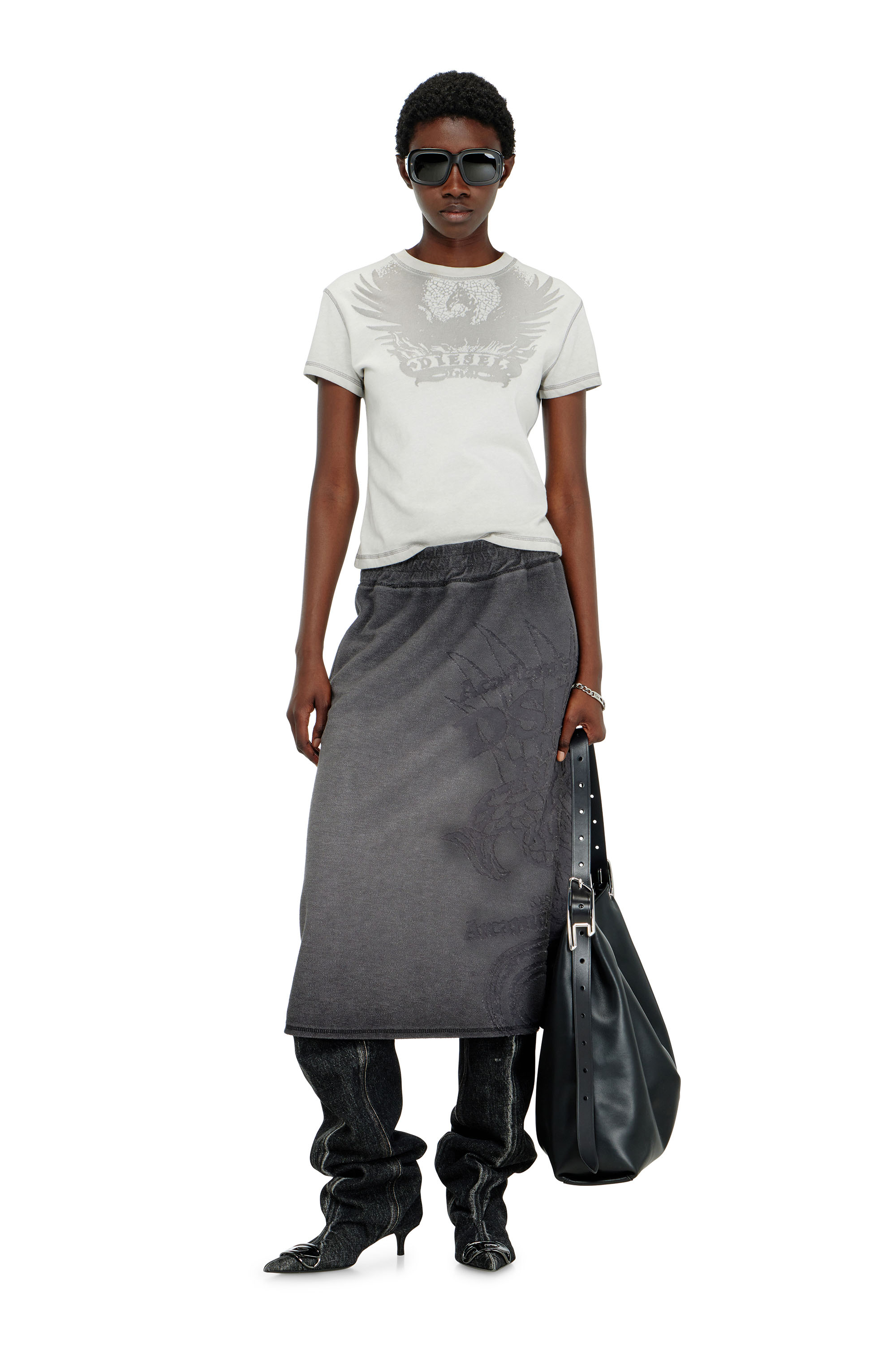 Diesel - O-BEAUTY, Woman's Fleece midi skirt with d&eacute;vor&eacute; print in Dark grey - 1