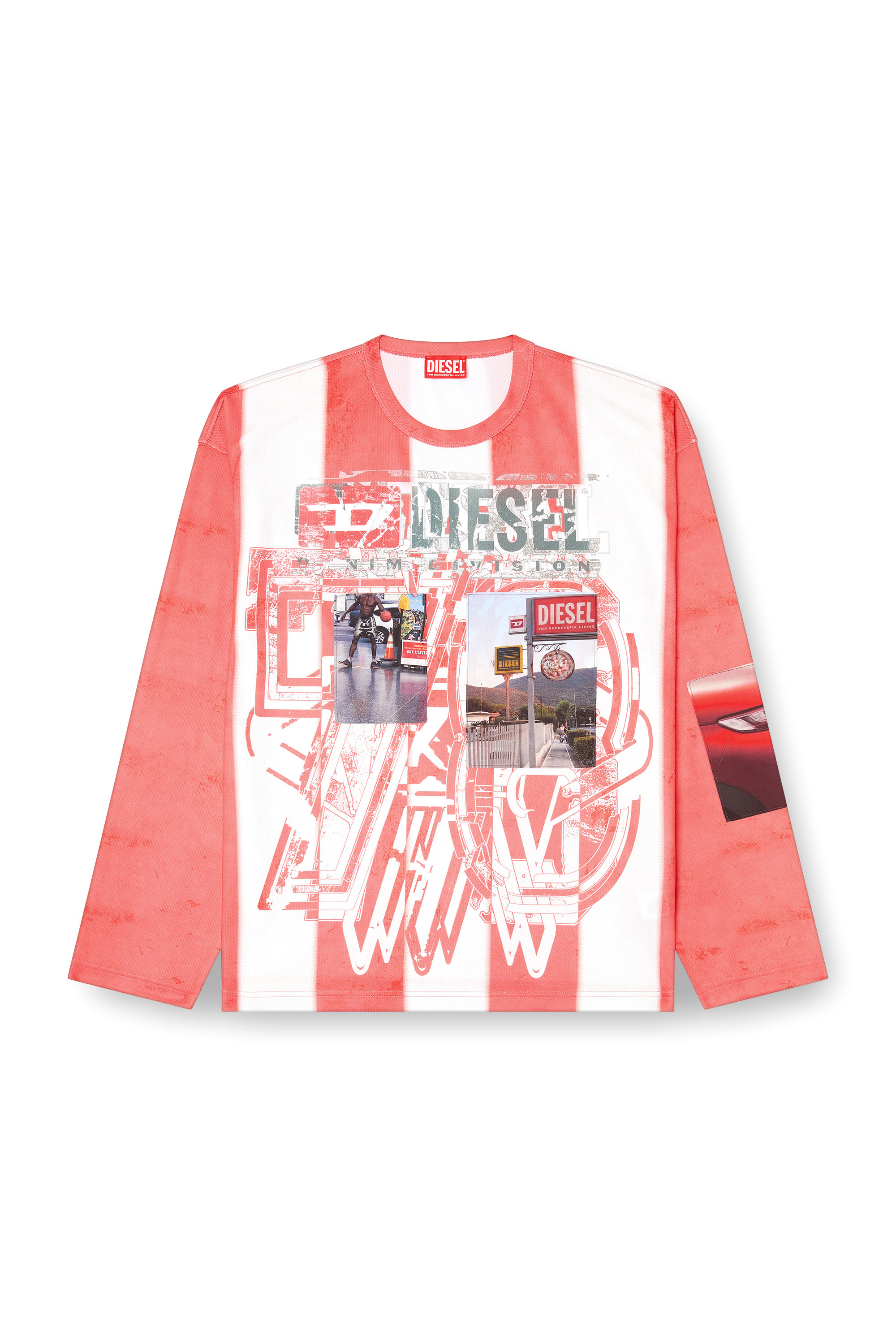 Diesel - T-RUBY, Man's Striped long-sleeve T-shirt with photo patches in Red/White - 3