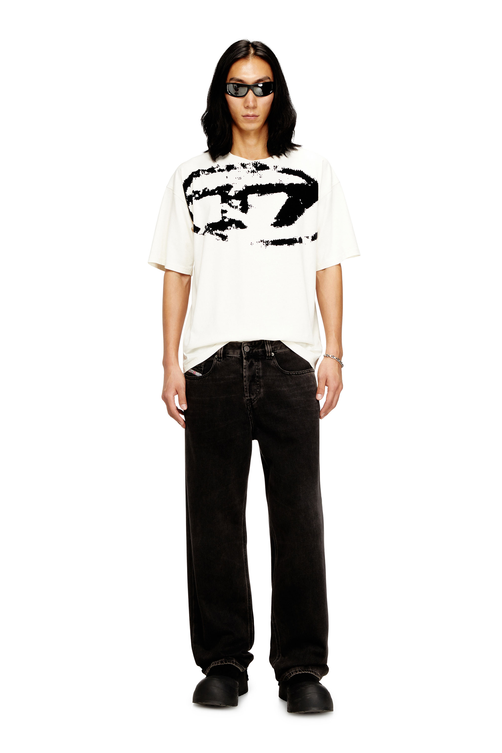 Diesel - T-BOXT-N14, Man's T-shirt with distressed flocked logo in White/Black - 2