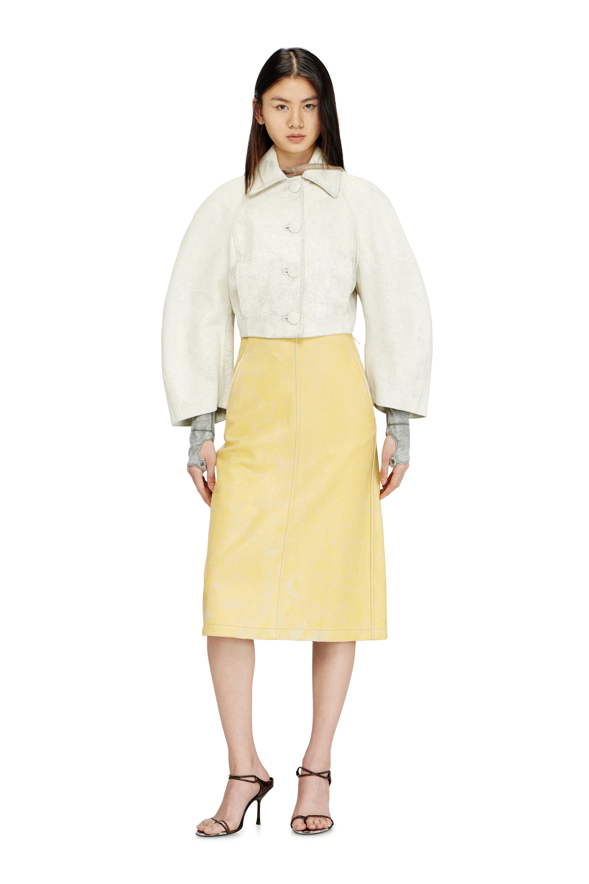 Diesel - L-ERINA, Woman's Midi pencil skirt in cracked leather in Yellow - 2