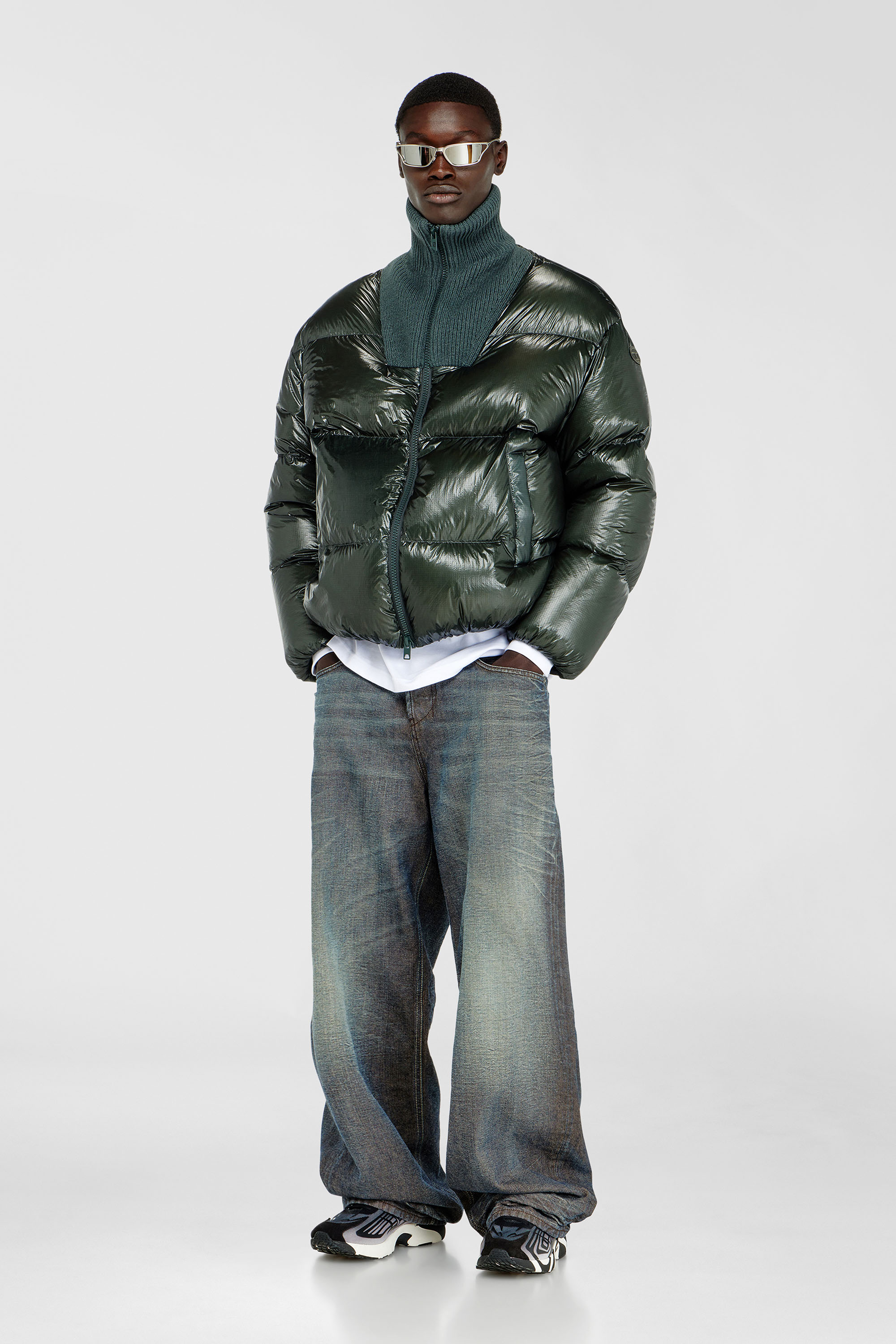Diesel - W-RIBB, Man's Down puffer jacket in ripstop with ribbed collar in Dark Green - 1