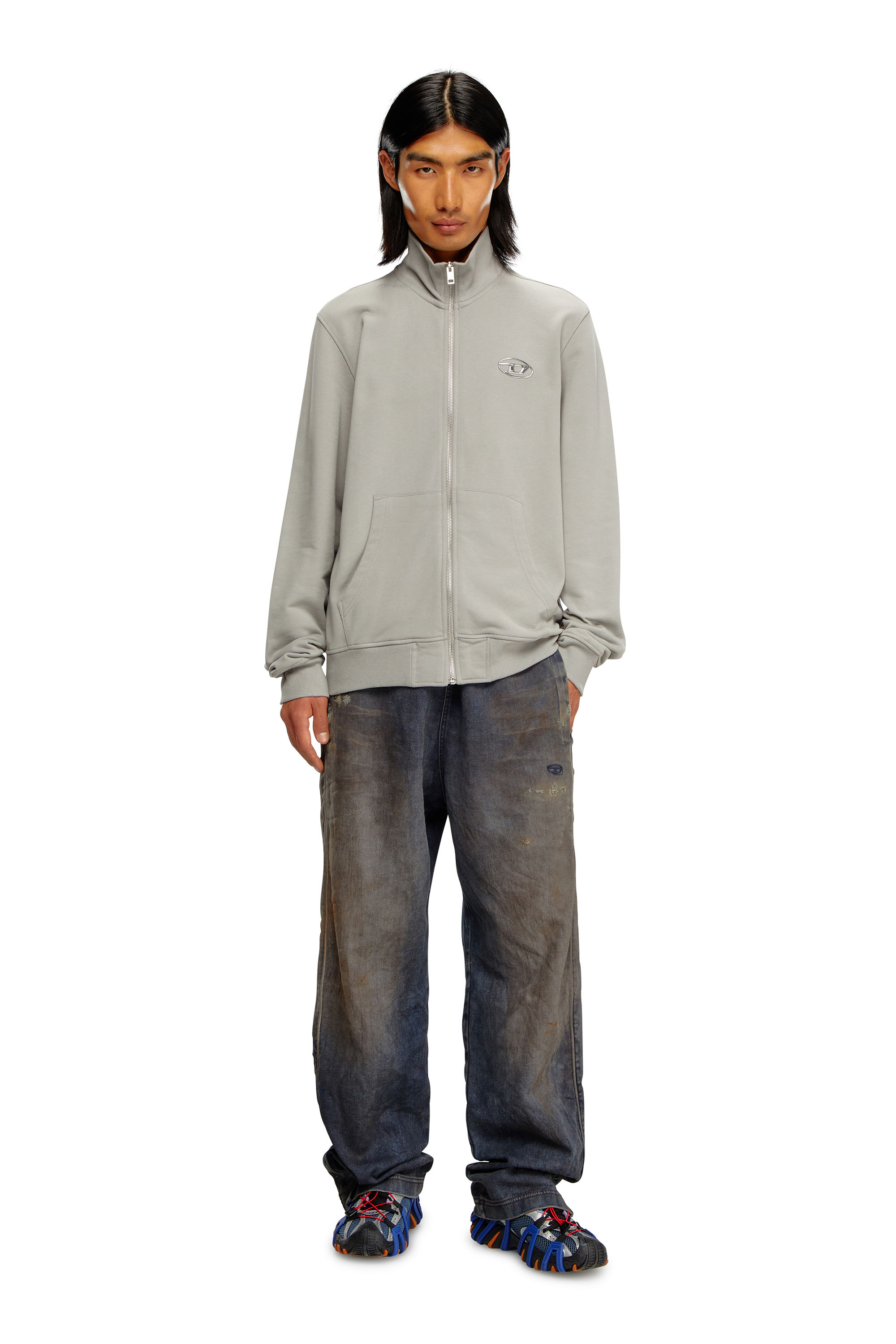 Diesel - S-GINNI-ZIP-OD, Man's Zip-up sweatshirt with metallic logo in Light Grey - 1