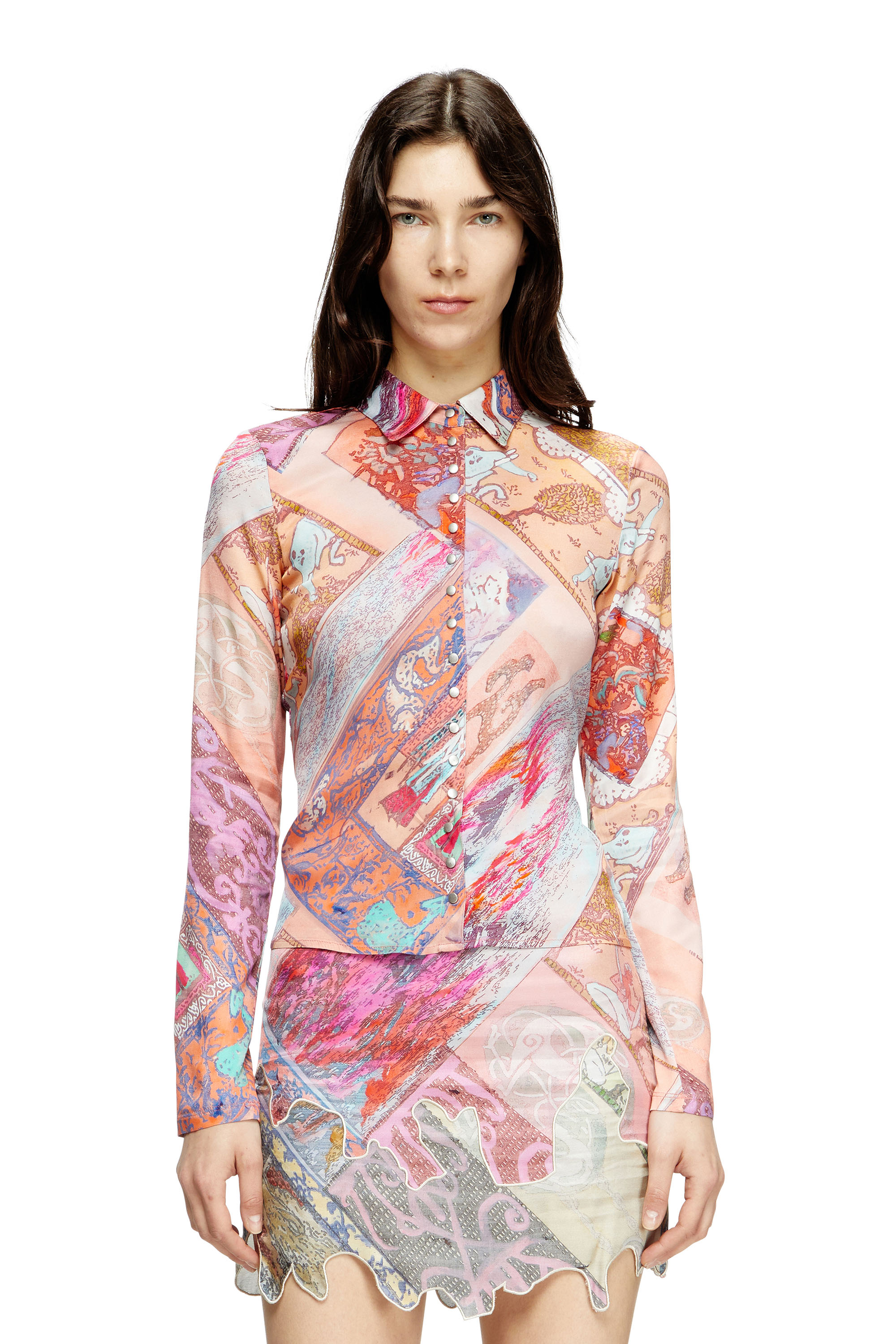 Diesel - C-AMELIA, Woman's Stretch-viscose shirt with Heraldic print in Pink - 1