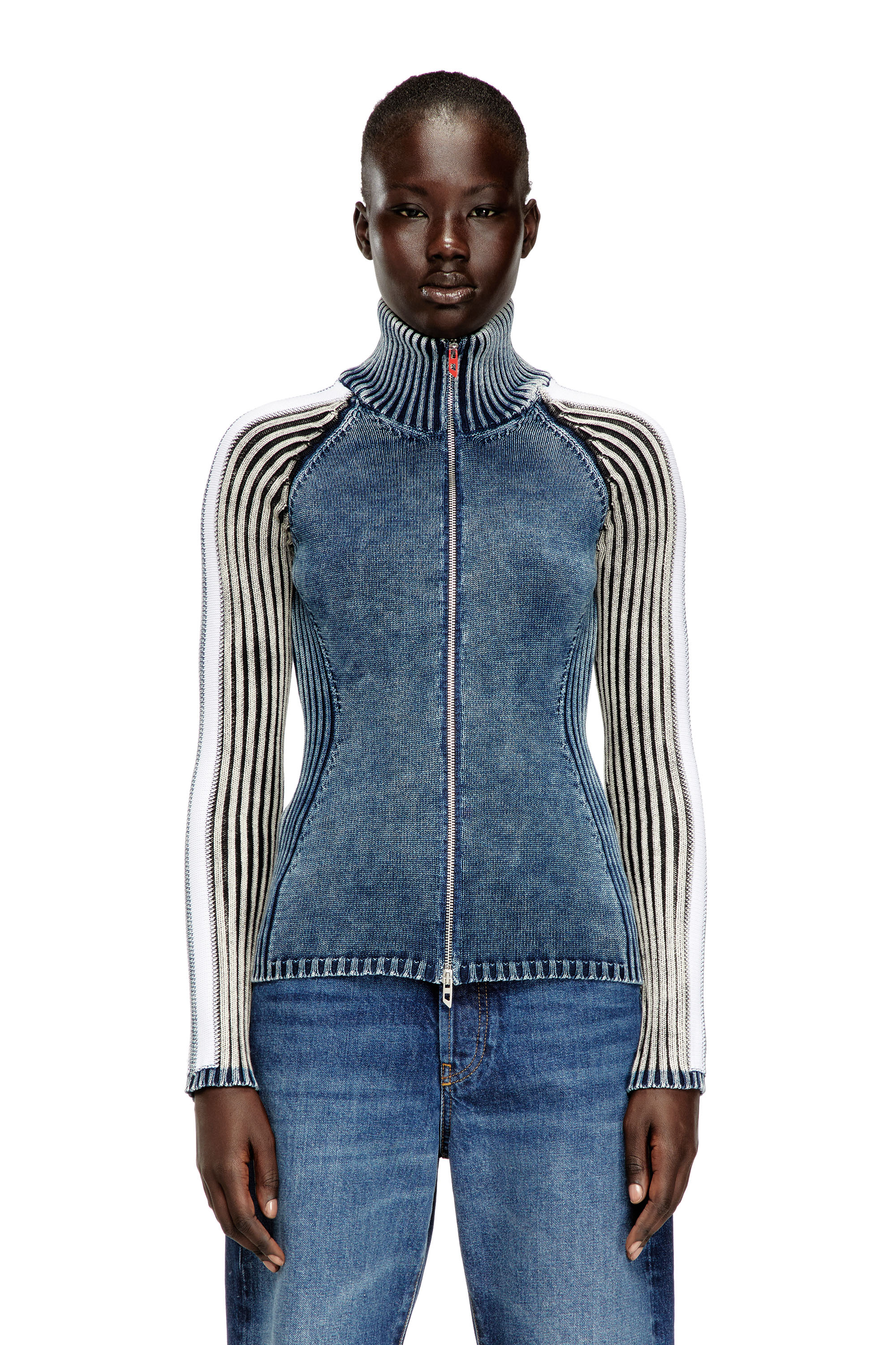 Diesel - M-ESTRELLA, Woman's Zip-up cardigan with sporty bands in Blue/White - 1