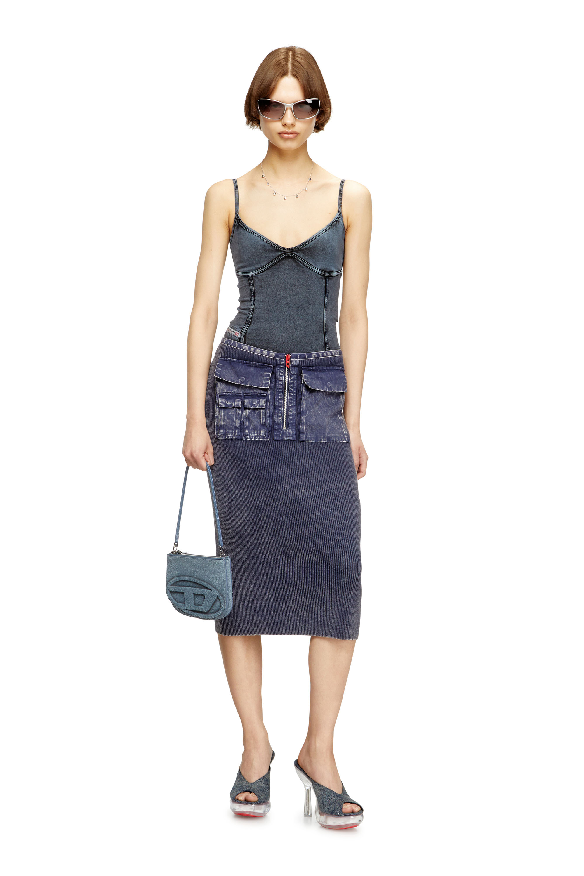 Diesel - M-MERYN, Woman's Knit midi skirt with denim cargo pockets in Blue - 2