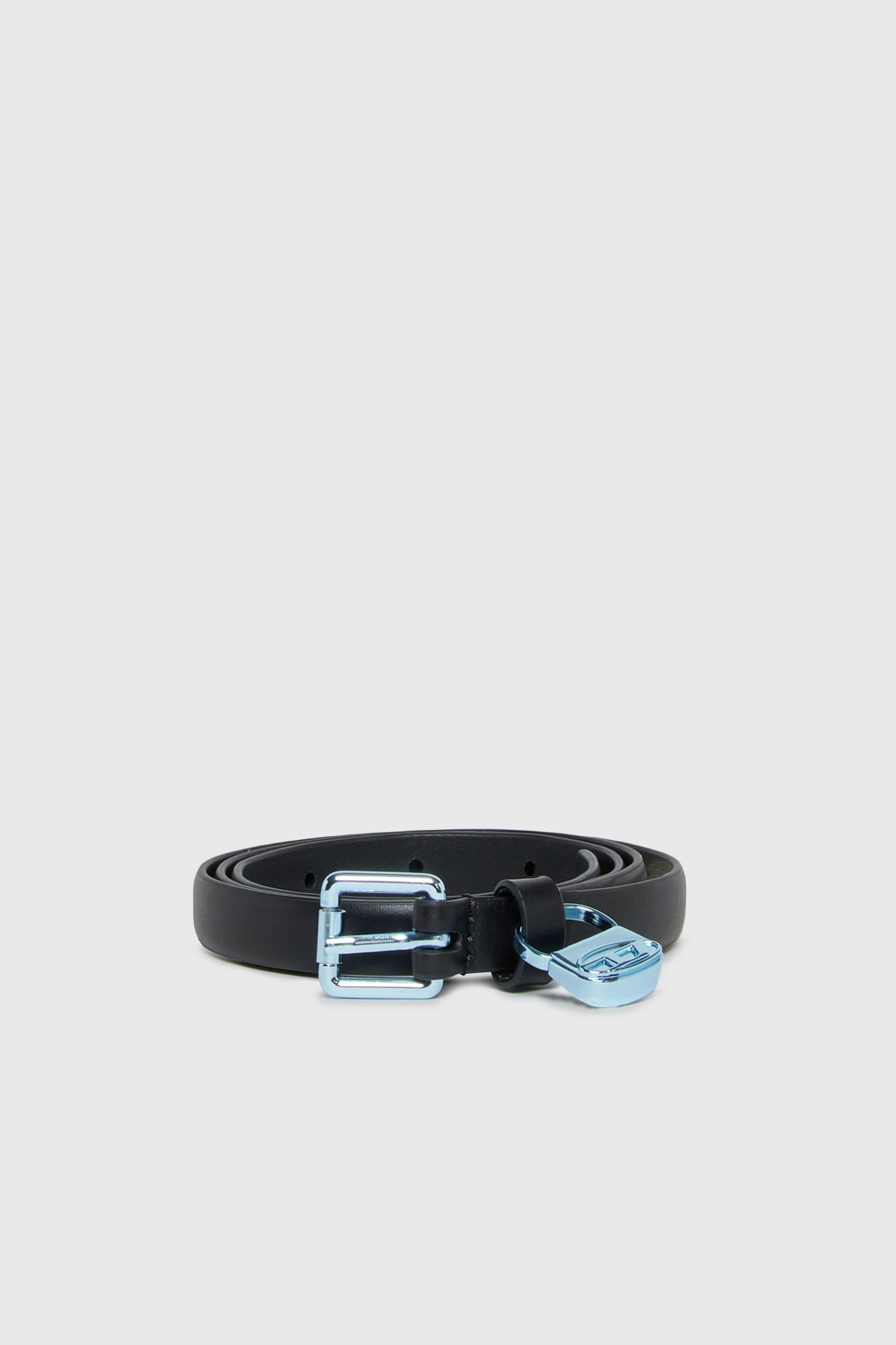 Diesel - BCHARMY, Woman's 1.5 cm slim leather belt with metallic buckle and charm in Black - 1