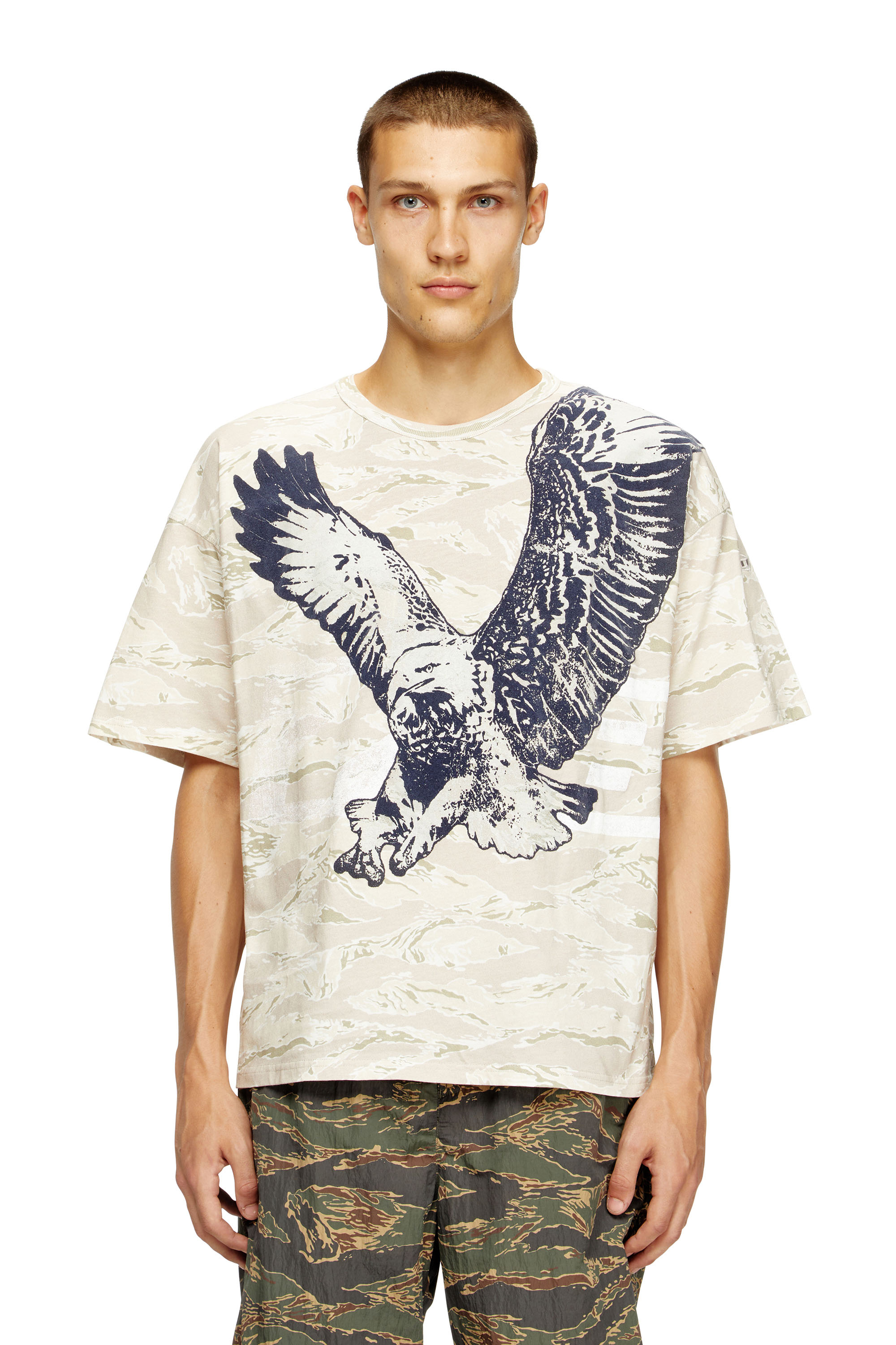 Diesel - T-BOXT-T14, Man's Camo T-shirt with eagle print in Light Brown - 1