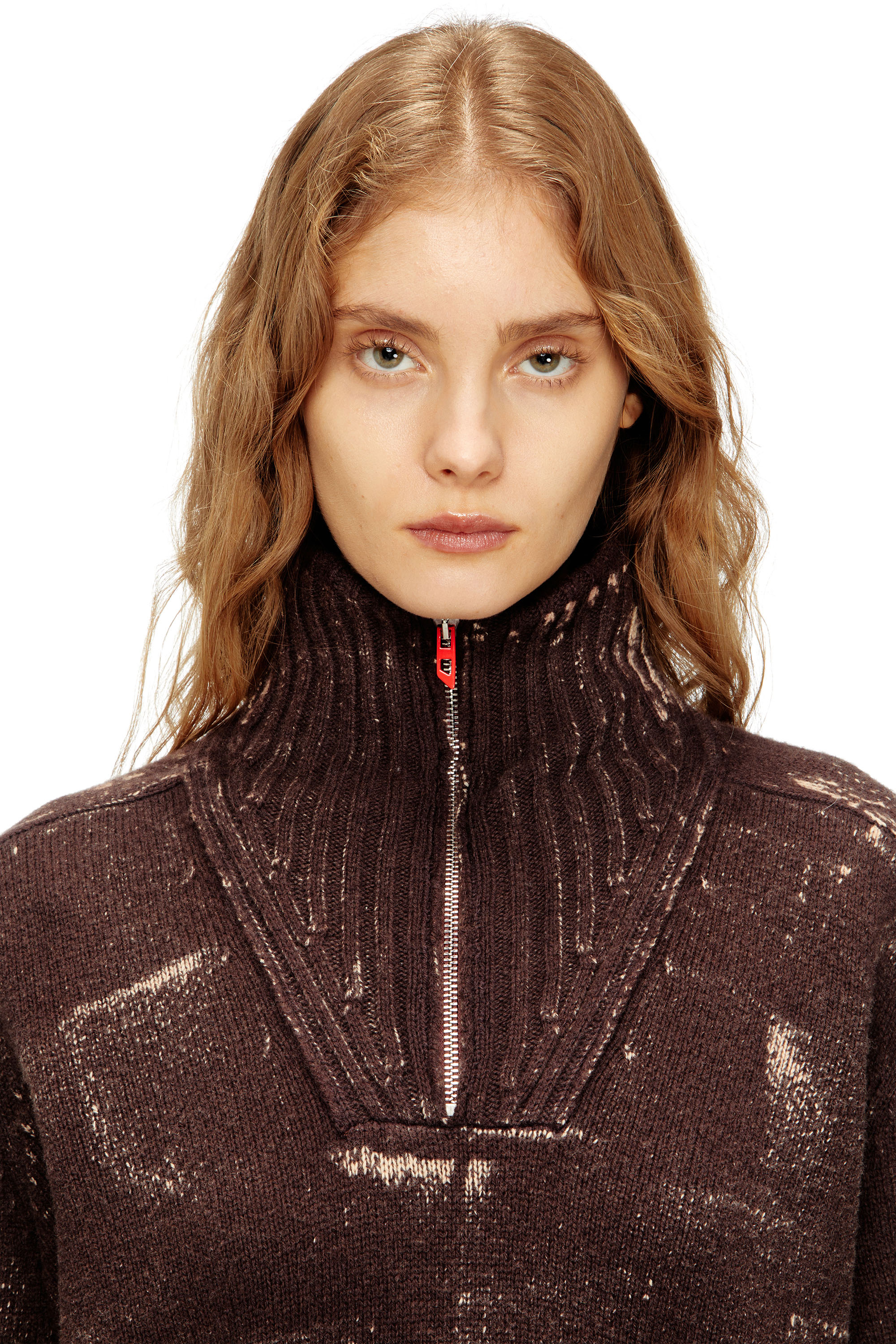 Diesel - M-MARCELLETTE, Woman's Half-zip jumper with distressed effect in Brown - 5
