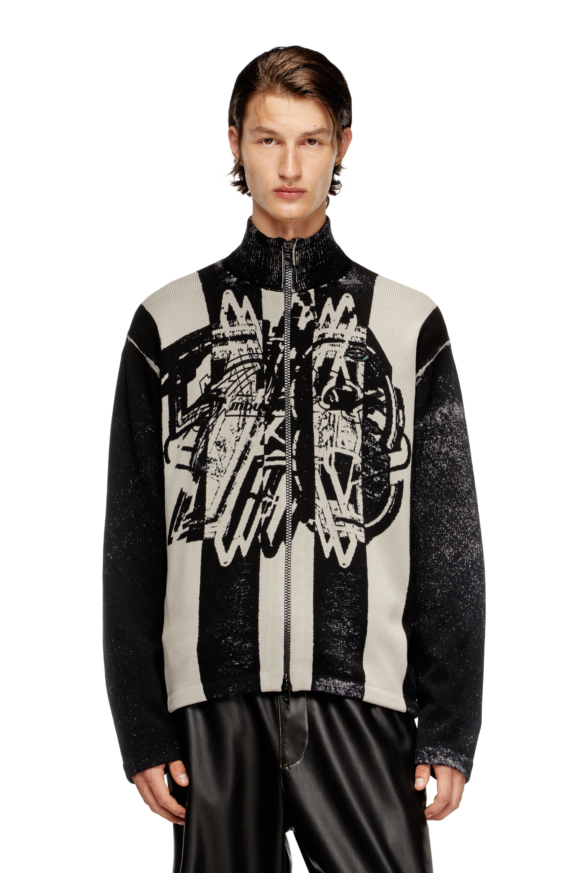 Diesel - K-OLIBA-JKT, Man's Inside-print striped zipped cardigan in Black/White - 3
