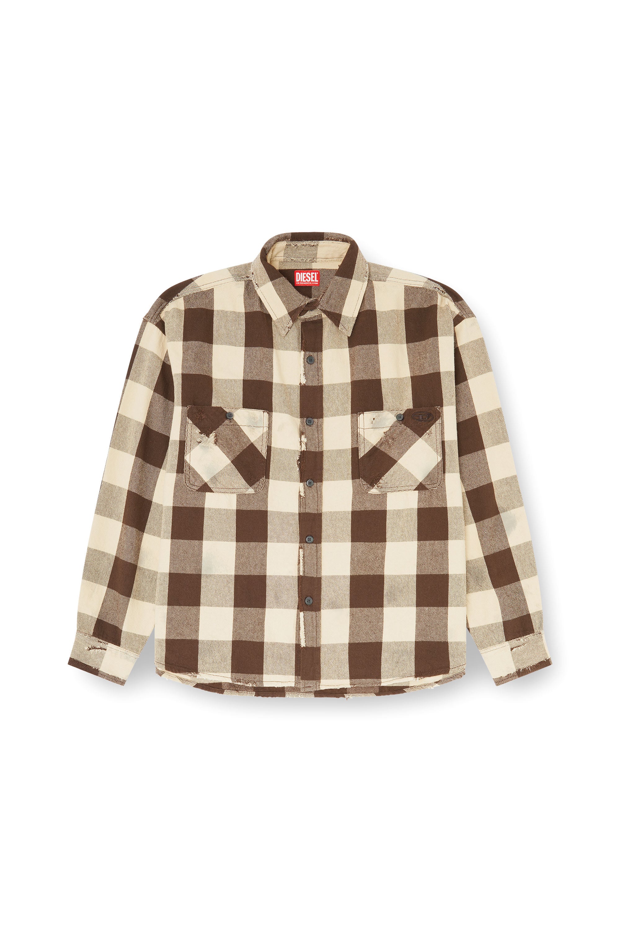 Diesel - S-DRUM, Man's Check flannel shirt with distressed effect in Brown/White - 3