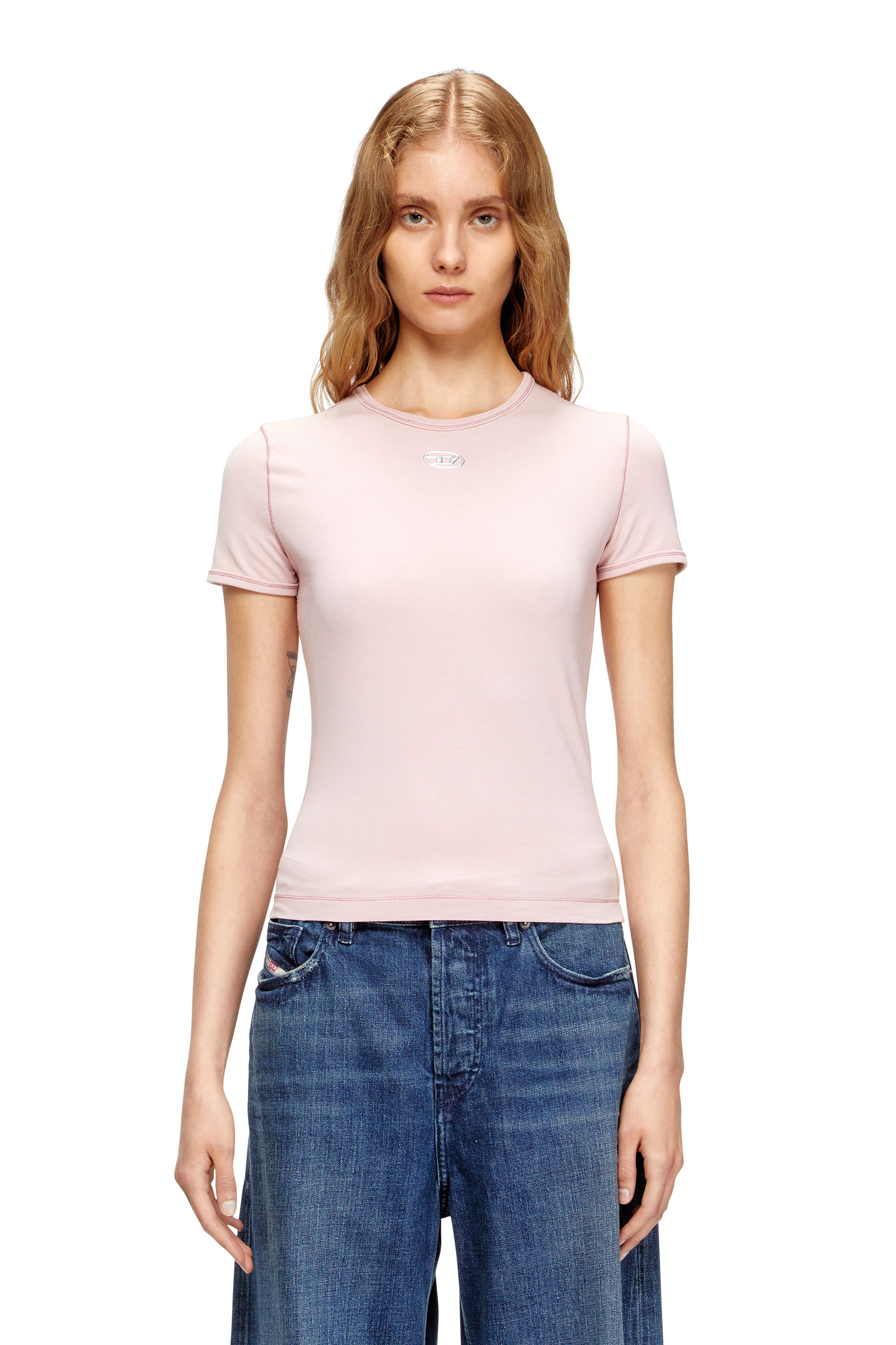 Diesel - T-UNCUTIESLONG-OD, Woman's Slim-fit T-shirt with metallic Oval D in Pink - 1