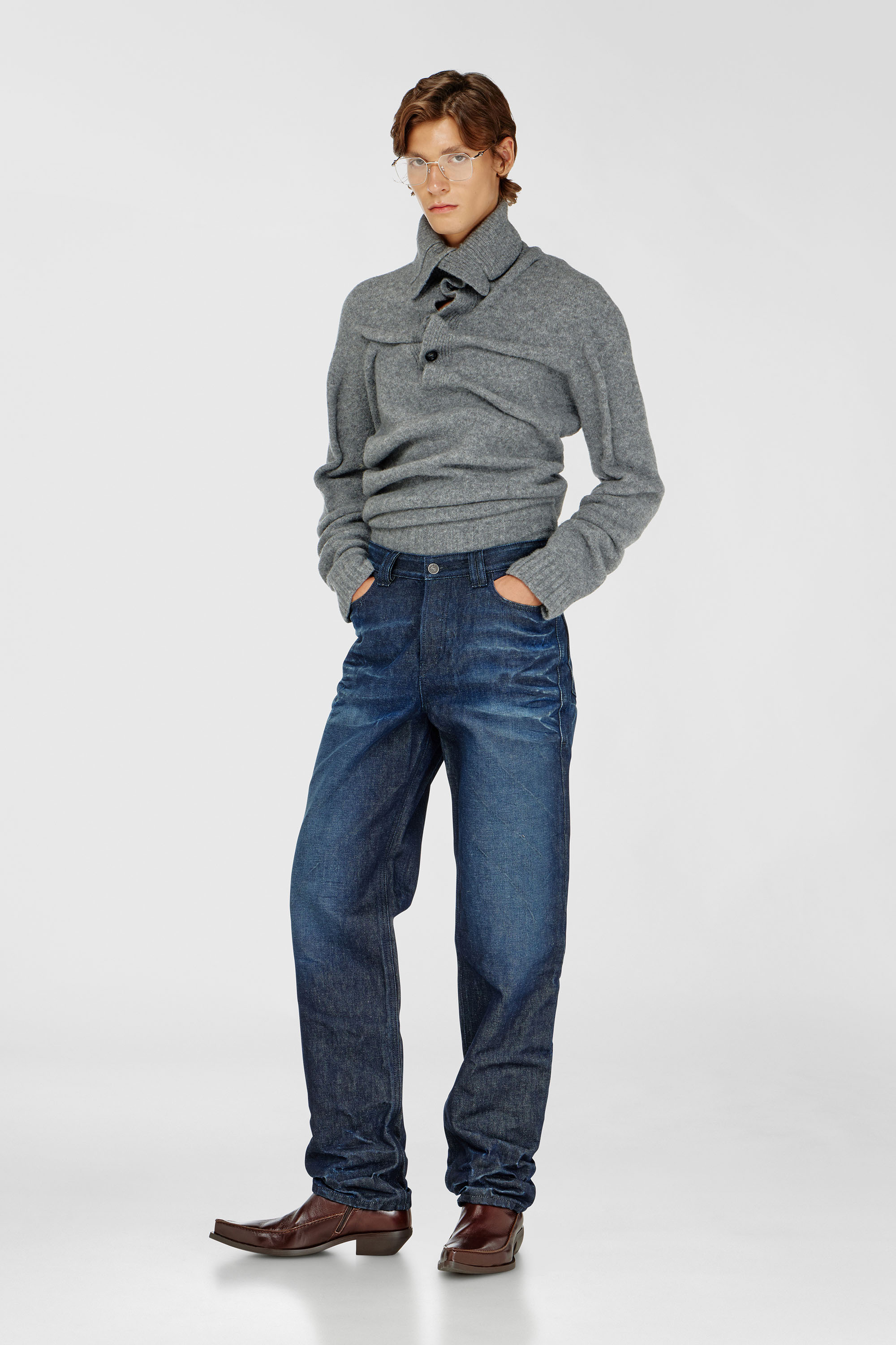 Diesel - K-ANDREW, Man's Button-neck jumper in wrinkled boiled knit in Grey - 2