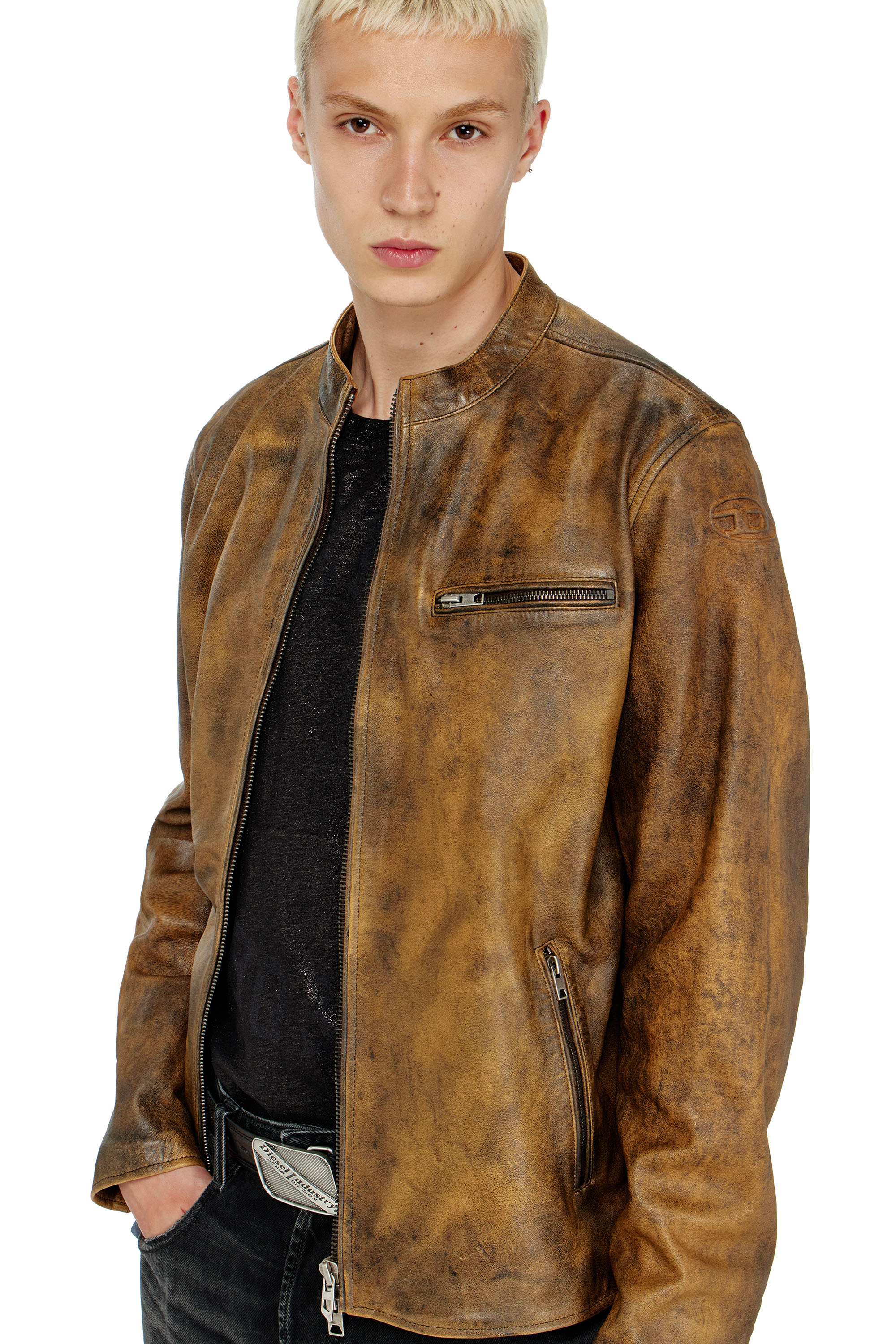 Diesel - L-ZAD-KNCZ, Man's Biker jacket in treated leather in null - 5