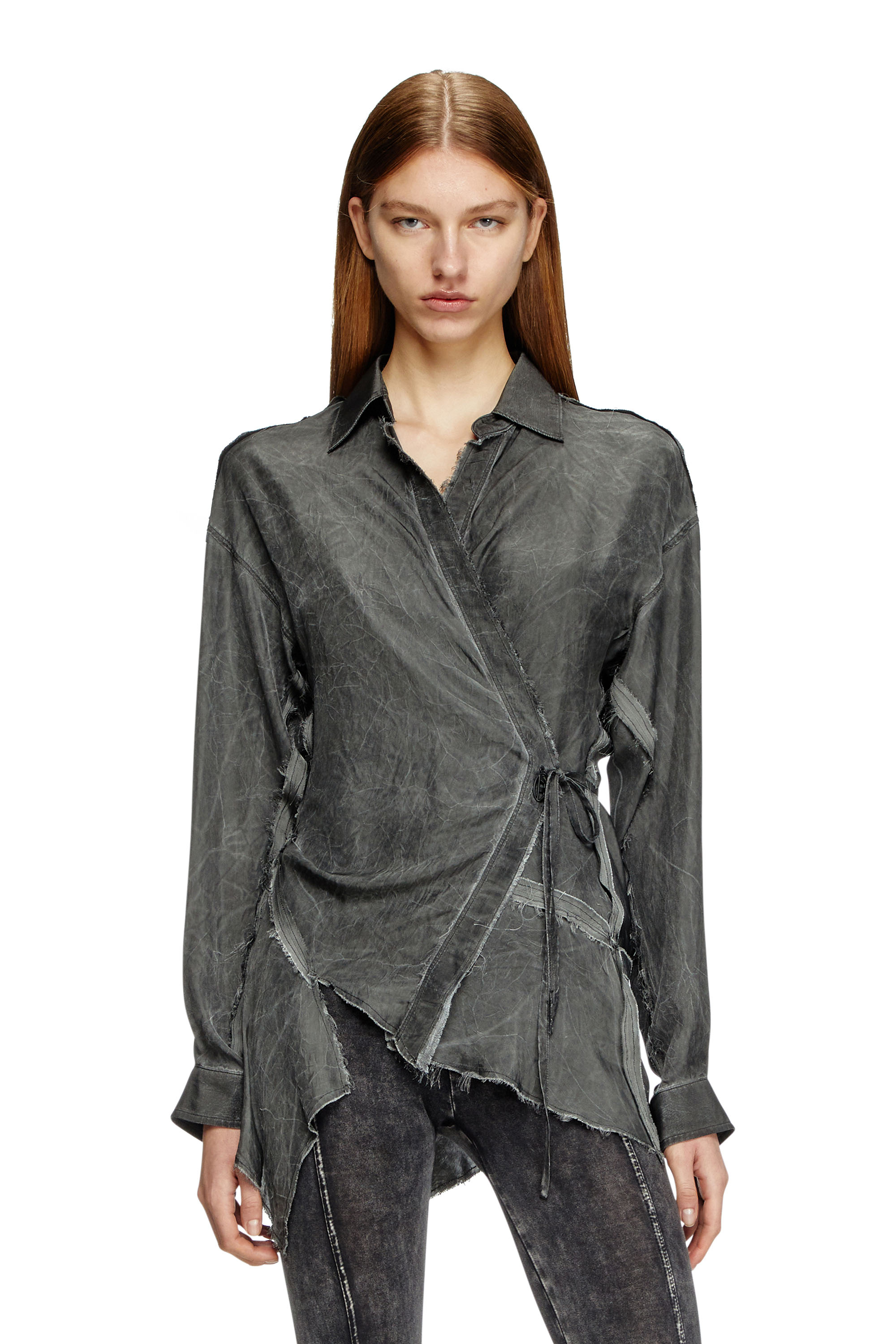 Diesel - C-RAZY-Q1, Woman's Asymmetric wrap shirt in wrinkled twill in Black - 1