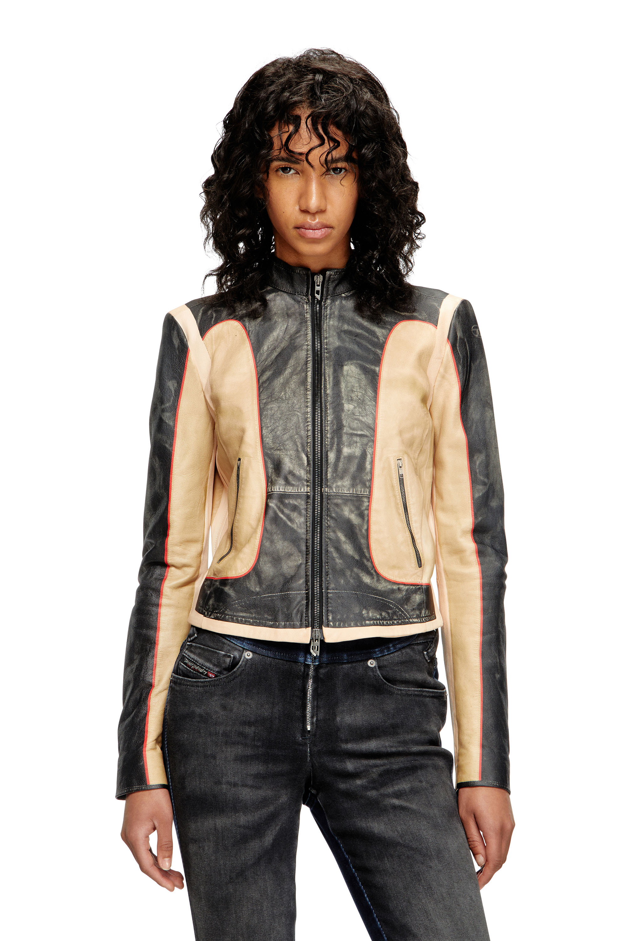 Diesel - L-OONIE, Woman's Trompe l'oeil-effect leather biker jacket in Beige/Black - 3