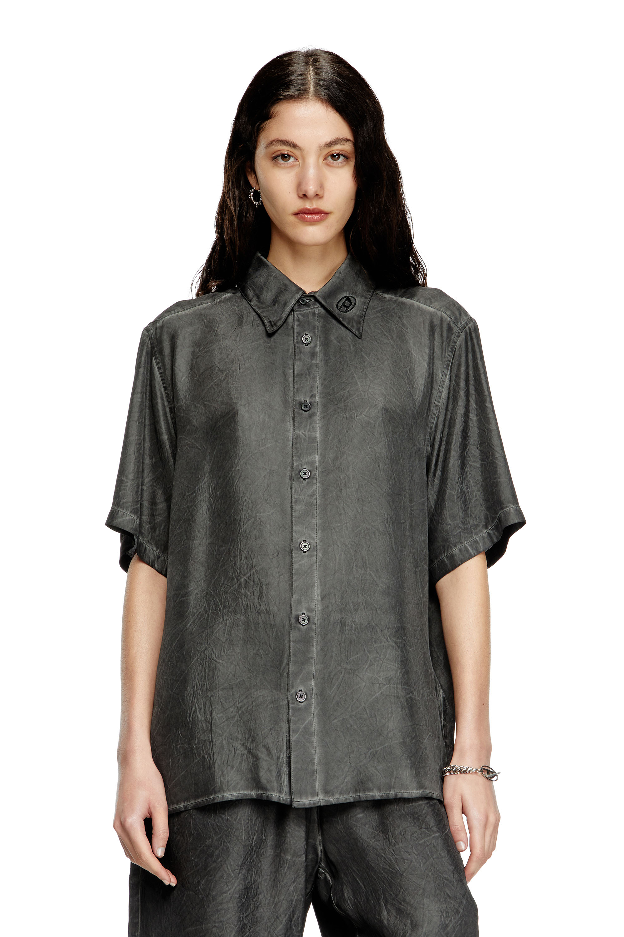 Diesel - S-LEON-SHORT, Unisex's Crinkled short-sleeve shirt with logo collar in null - 5