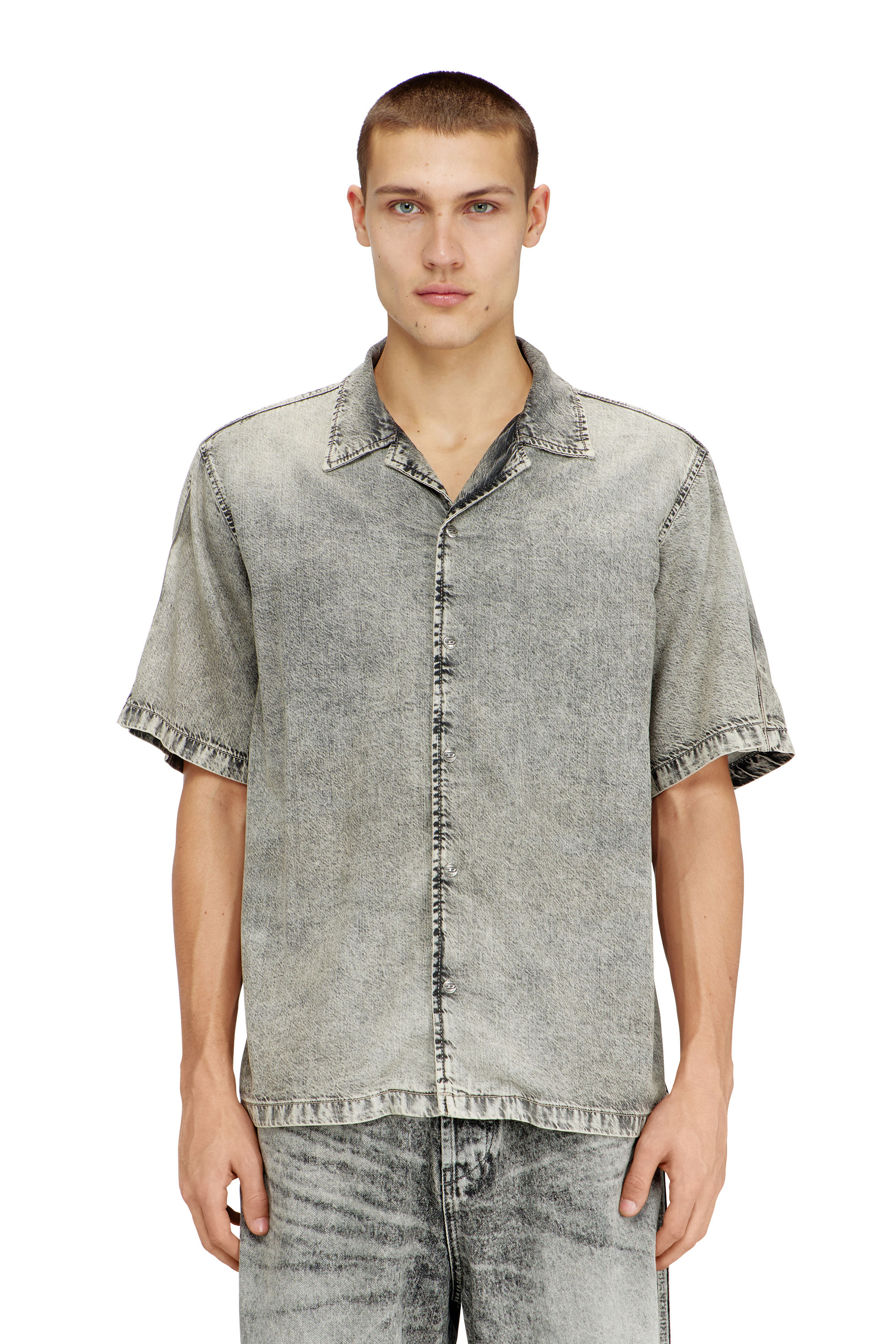 Diesel - D-NABIL-S8, Man's Short-sleeve shirt in fluid treated denim in null - 1