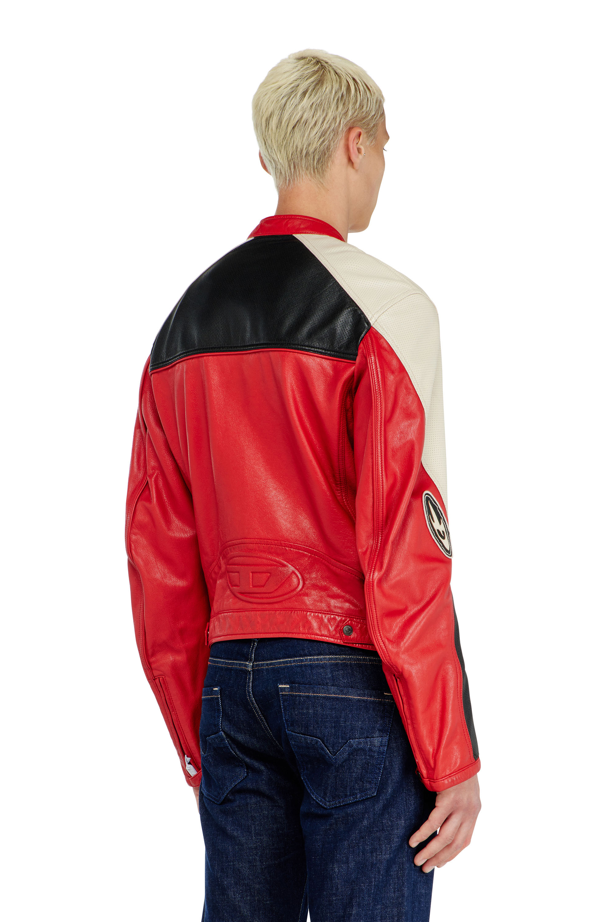 Diesel - L-AHTI, Man's Biker jacket in colour-block perforated leather in Beige/Red - 4